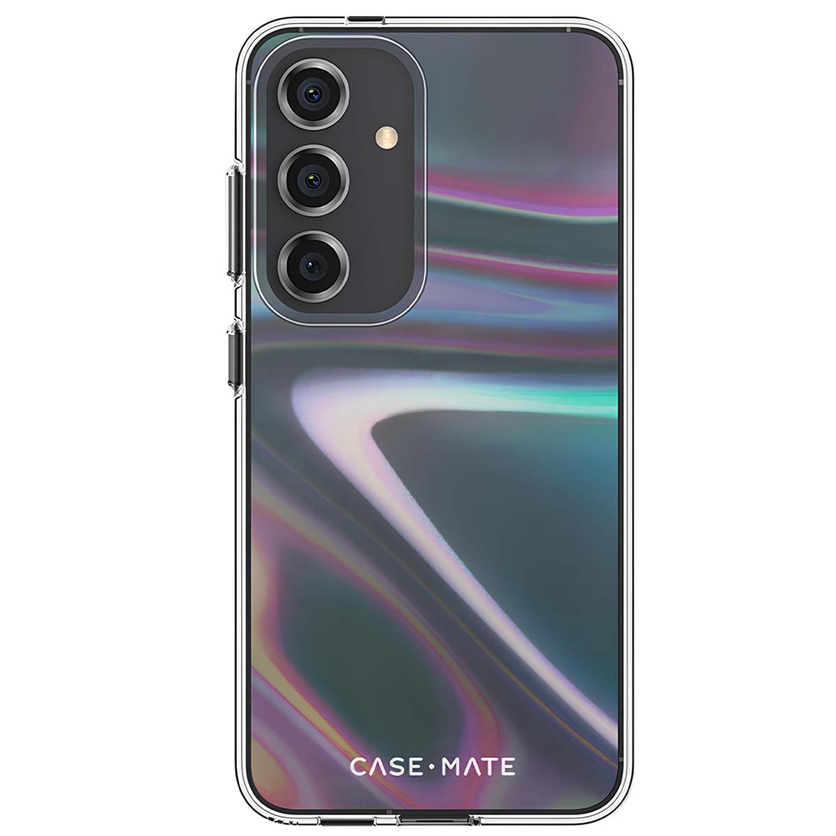 Custodia per smartphone con cornice trasparente. Il retro presenta un motivo iridescente. Visibile la fotocamera del telefono e il logo Case Mate.