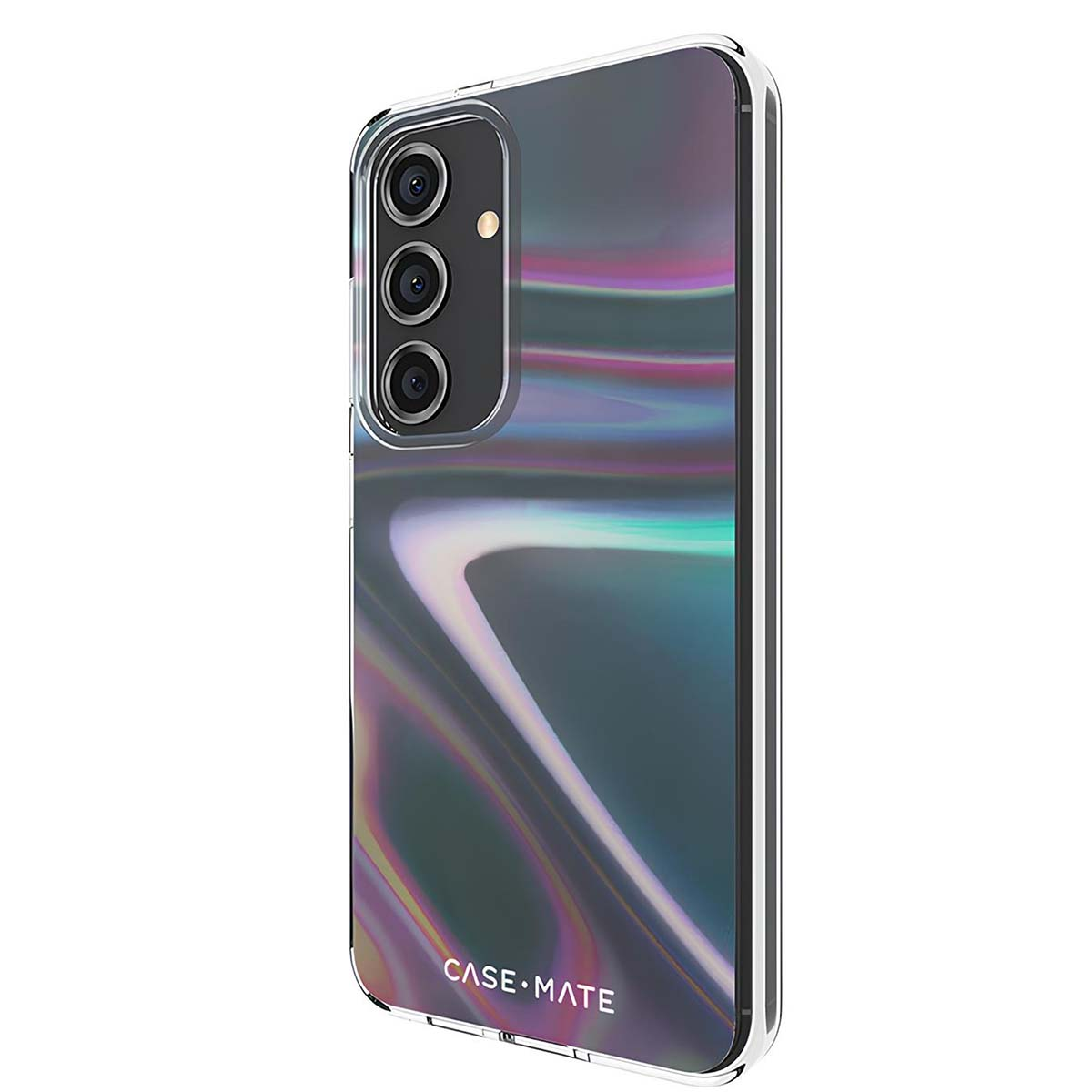 Uno smartphone in una custodia trasparente. La custodia ha un design olografico. Il telefono ha tre lenti della fotocamera. Il marchio 'CASE MATE' è visibile.