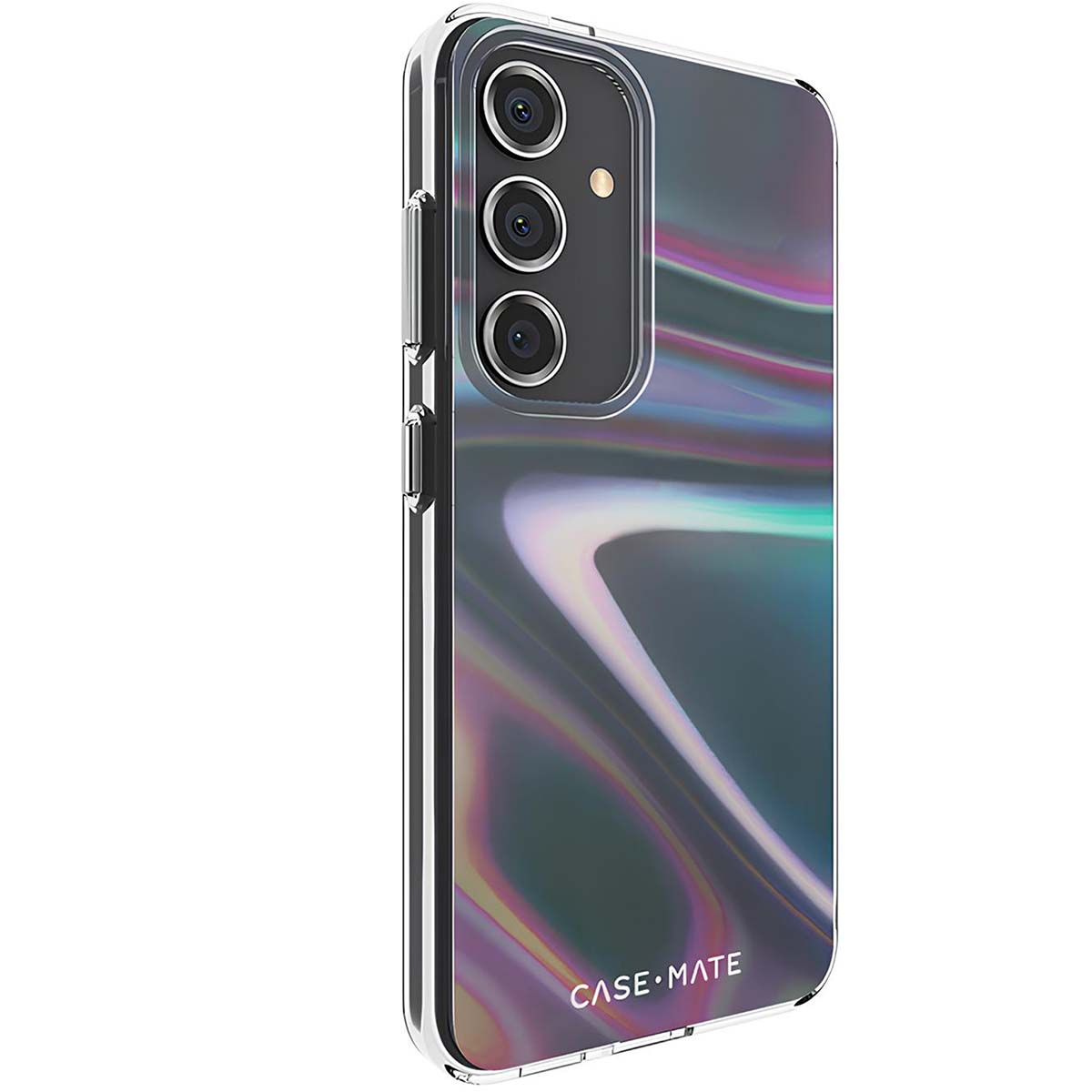 Una custodia trasparente per telefono con design olografico. La custodia è su un telefono con tre fotocamere. Il marchio 'CASE MATE' è visibile.