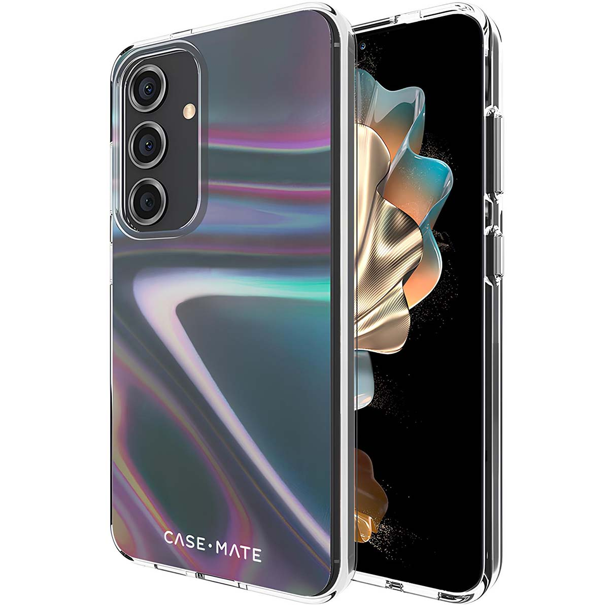 Uno smartphone in una custodia Case-Mate. La custodia ha un design olografico. Lo schermo mostra una forma dorata e astratta.