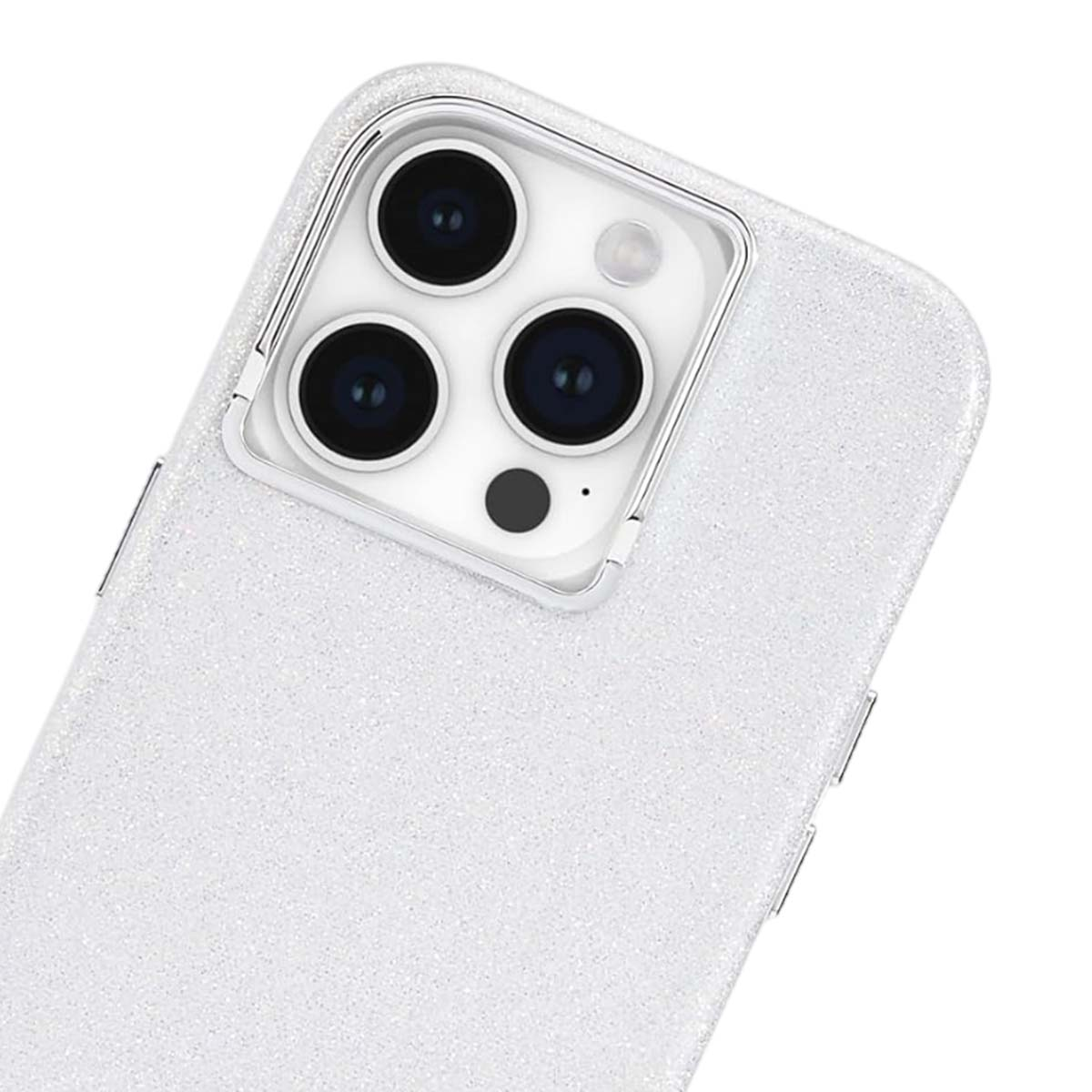 Primo piano di una custodia per telefono bianca glitterata. Sono visibili gli obiettivi della fotocamera, circondati da una cornice argentata. La custodia ha i pulsanti del volume.