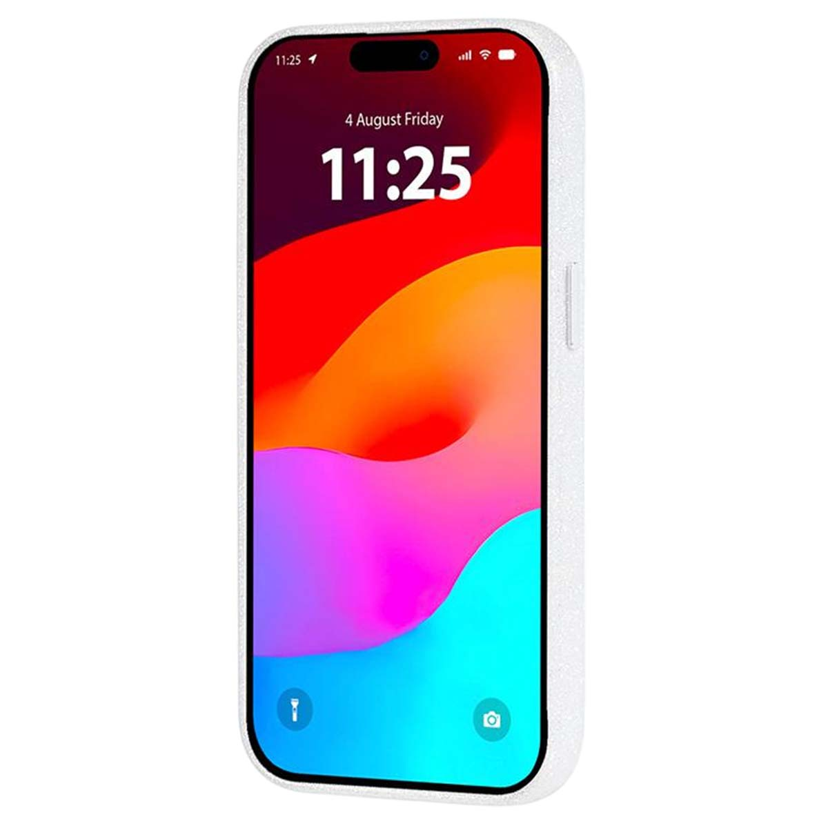 Uno smartphone mostra uno sfondo astratto colorato. Sono le 11:25 del 4 agosto. Il telefono è in una custodia bianca.