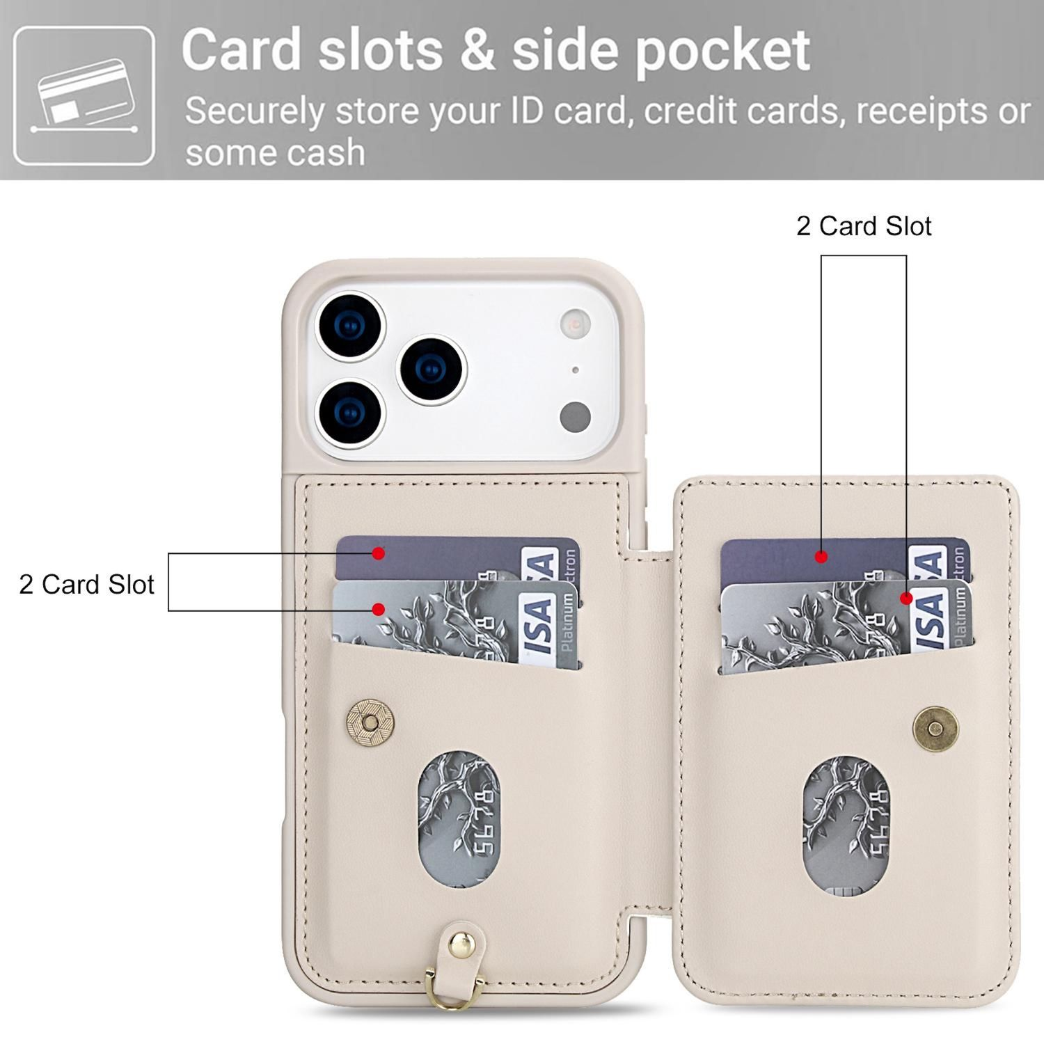 Una funda de teléfono beige con ranuras para tarjetas. Se ven dos tarjetas. El texto indica que la funda guarda tarjetas y efectivo de forma segura.
