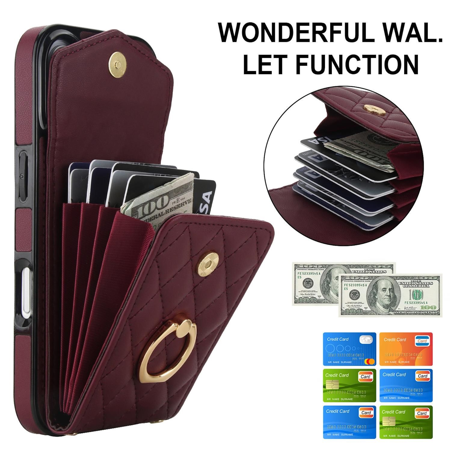 Eine weinrote Brieftaschen-Handyhülle mit Karten und Bargeld, einem goldenen Ring und einer Textüberlagerung mit den Worten 'Wonderful Wal. Let Function'.