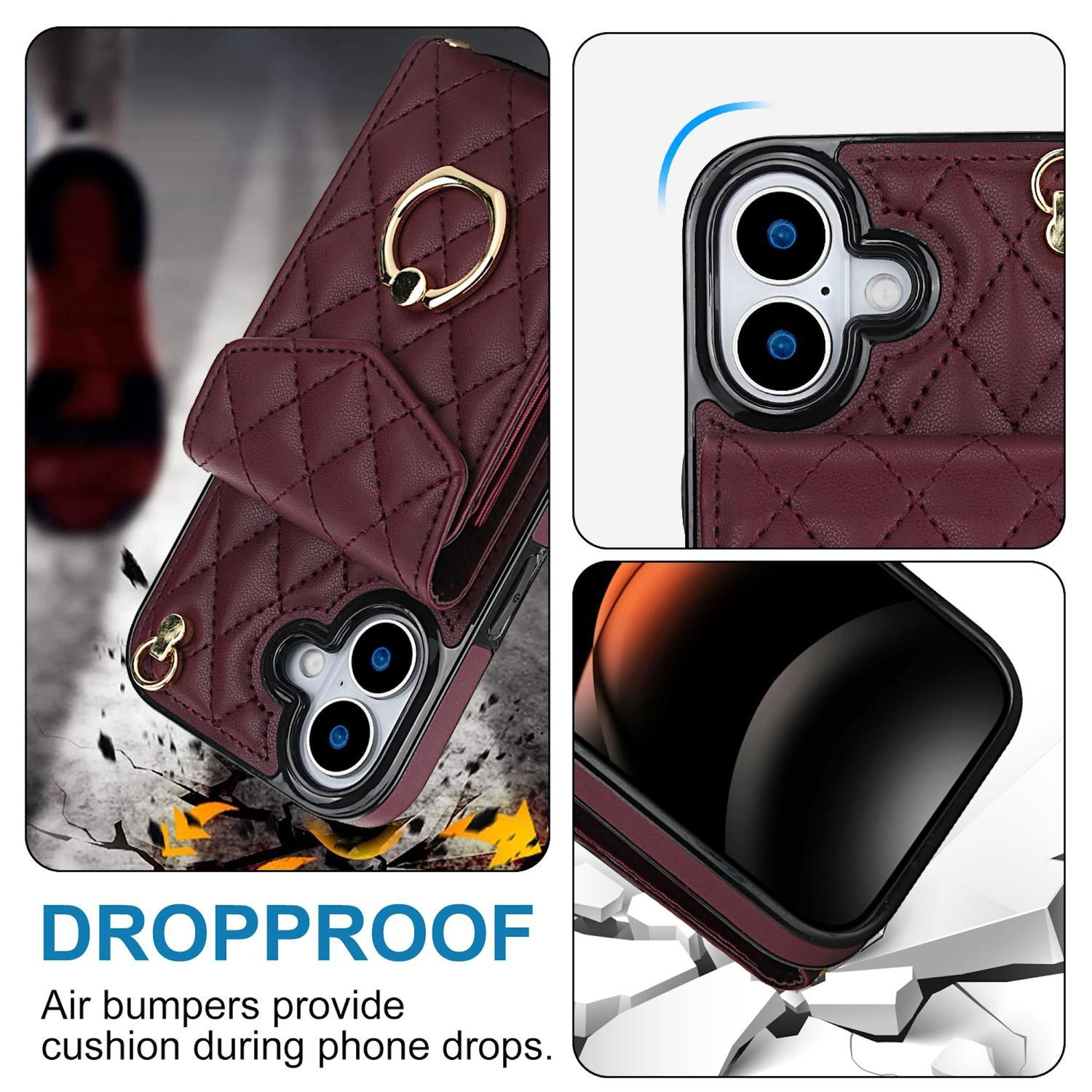 Maroon-sturzsichere Handyhülle mit goldenem Ring und Kette. Telefon im Gehäuse gezeigt. Text: Sturzsicher, Luftstoßfänger.