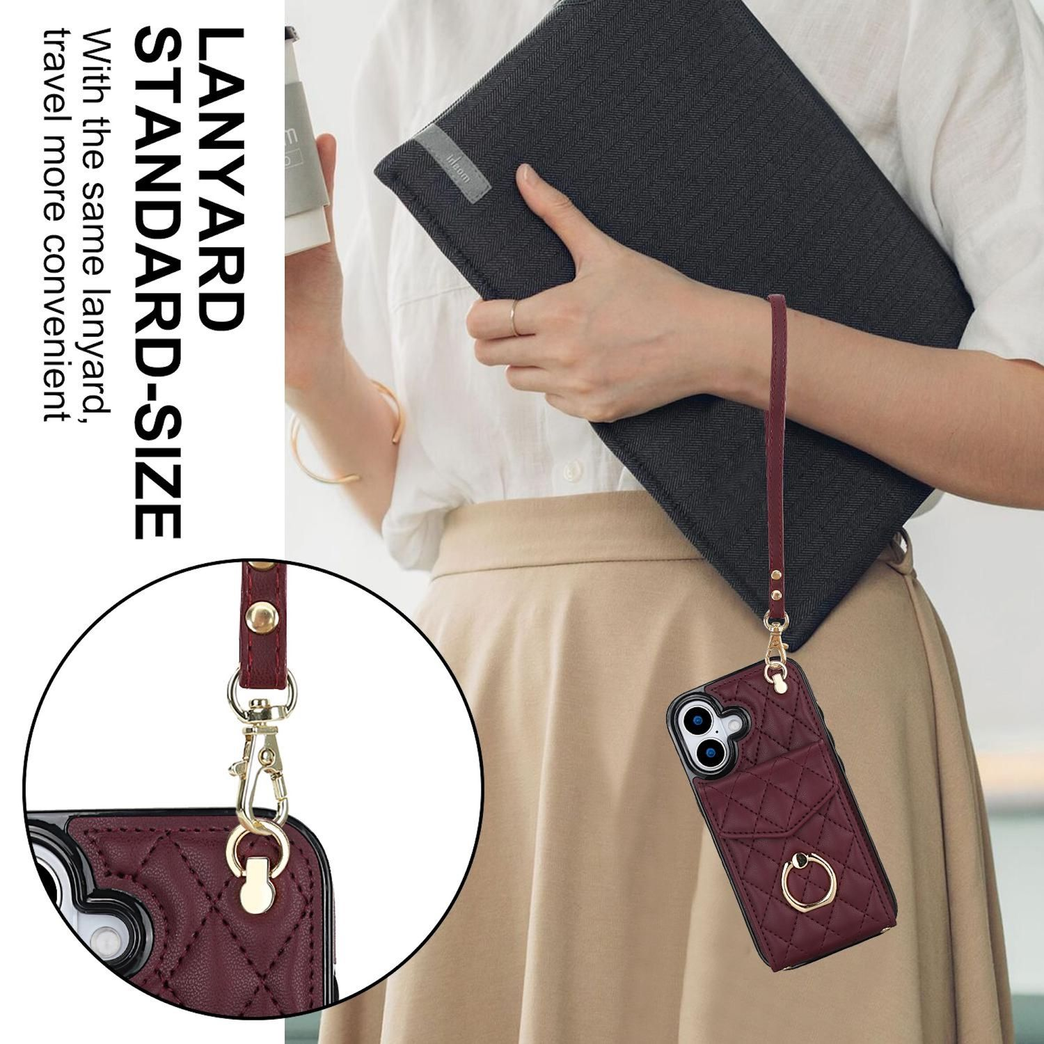 Eine Person hält ein Telefon in einer weinroten Hülle mit einem Lanyard. Die Telefonhülle hat einen Ring und eine Tasche.