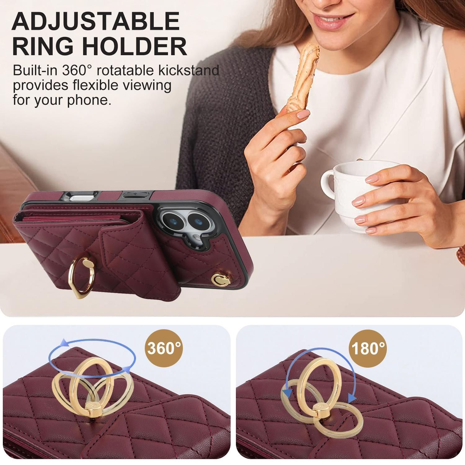 Eine Handyhülle mit Ringhalter. Eine Frau isst einen Keks mit einer Kaffeetasse. Hülle und Ring haben eine 360-Grad-Drehung.