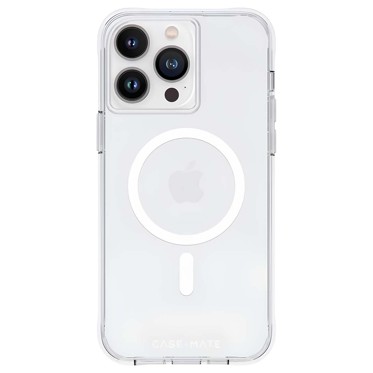 Una custodia trasparente per telefono con un ritaglio per la fotocamera. Ha un cerchio bianco e una linea verticale in basso. Il marchio CASE MATE è stampato.