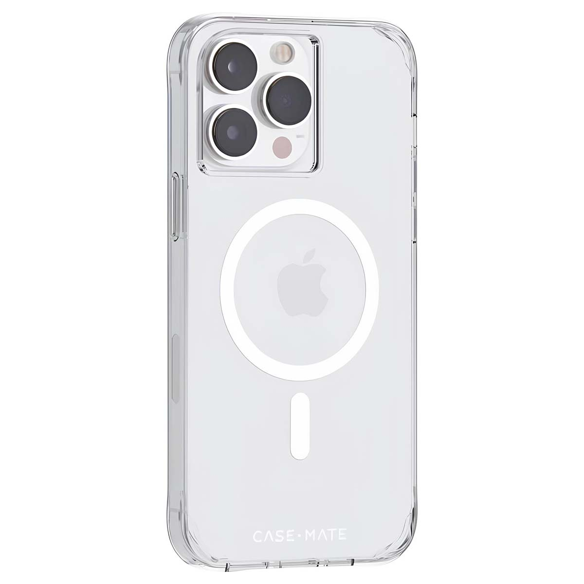 Custodia trasparente per telefono con ritagli per fotocamera, logo Apple e testo 'CASE-MATE'. La custodia ha un cerchio magnetico e una linea verticale.