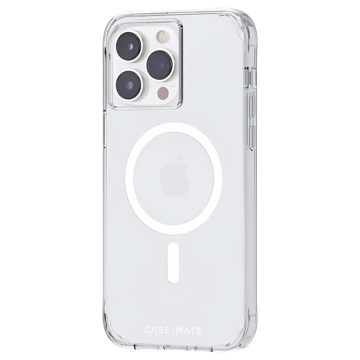Custodia trasparente per telefono con cerchio bianco e logo Apple. Obiettivi della fotocamera visibili. Marca 'CASE MATE' in basso.
