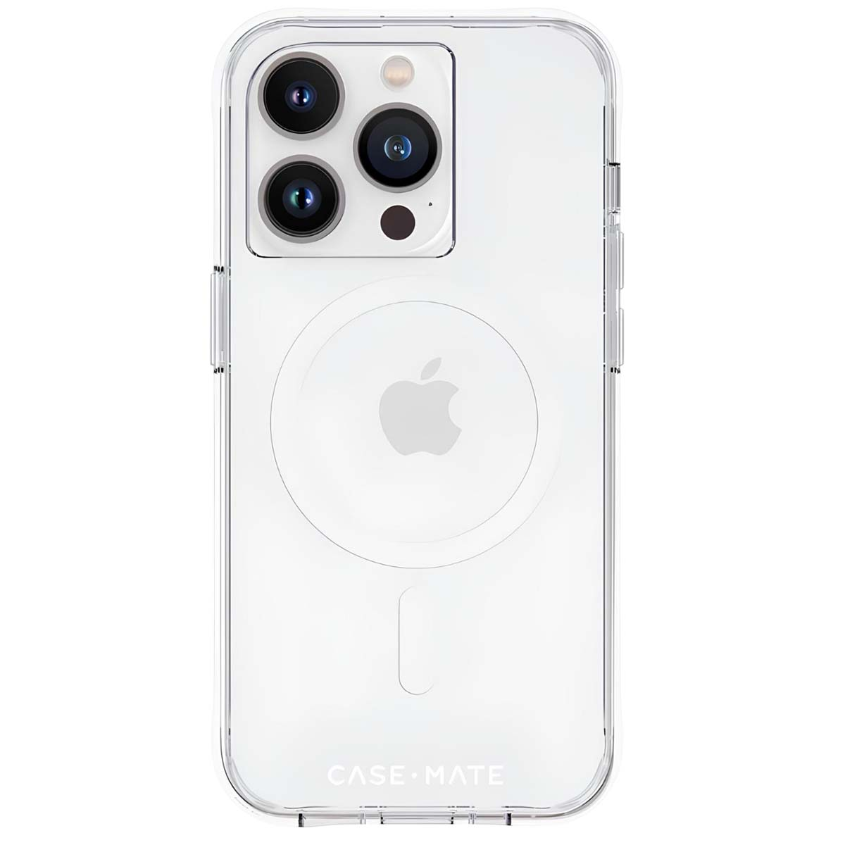 Custodia trasparente per iPhone con più lenti della fotocamera. Logo Case Mate in basso. Logo Apple visibile. Design trasparente e protettivo.