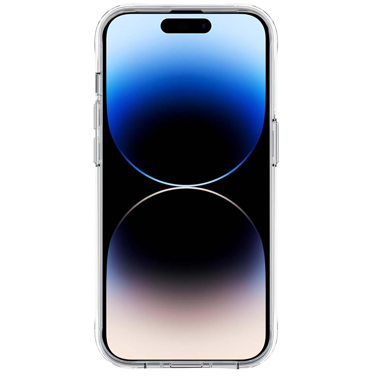 Un iPhone 14 Pro in una custodia trasparente. Lo schermo mostra un gradiente da blu in alto a nero e beige in basso.