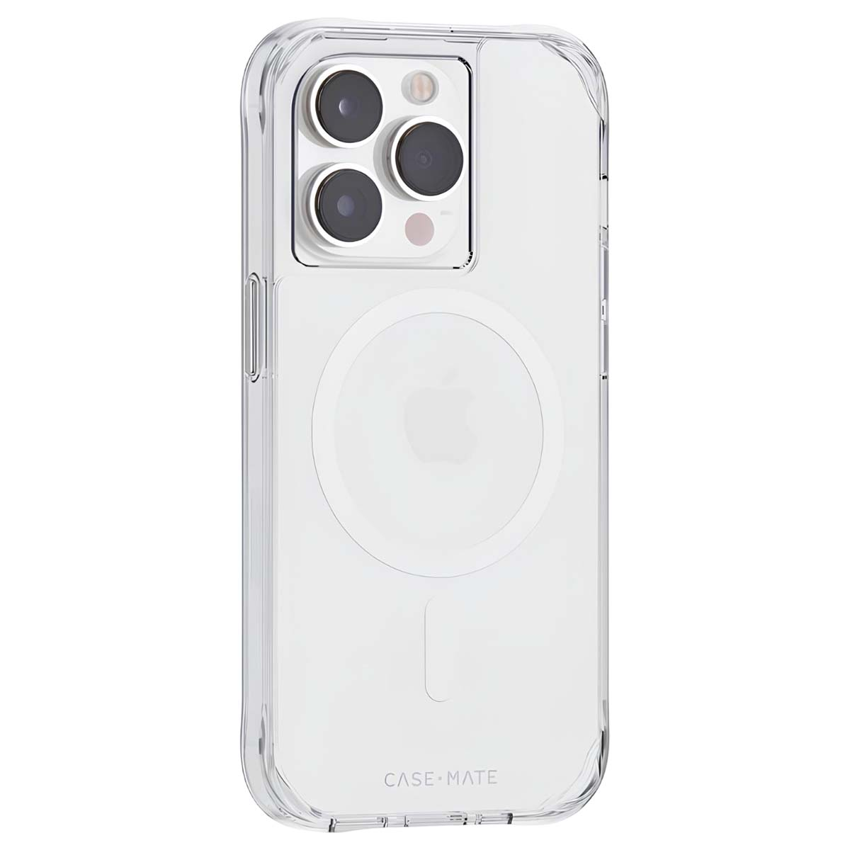 Custodia trasparente per iPhone. Quattro obiettivi della fotocamera visibili. Logo Apple e marchio Case-Mate sul retro. Materiale plastico trasparente.