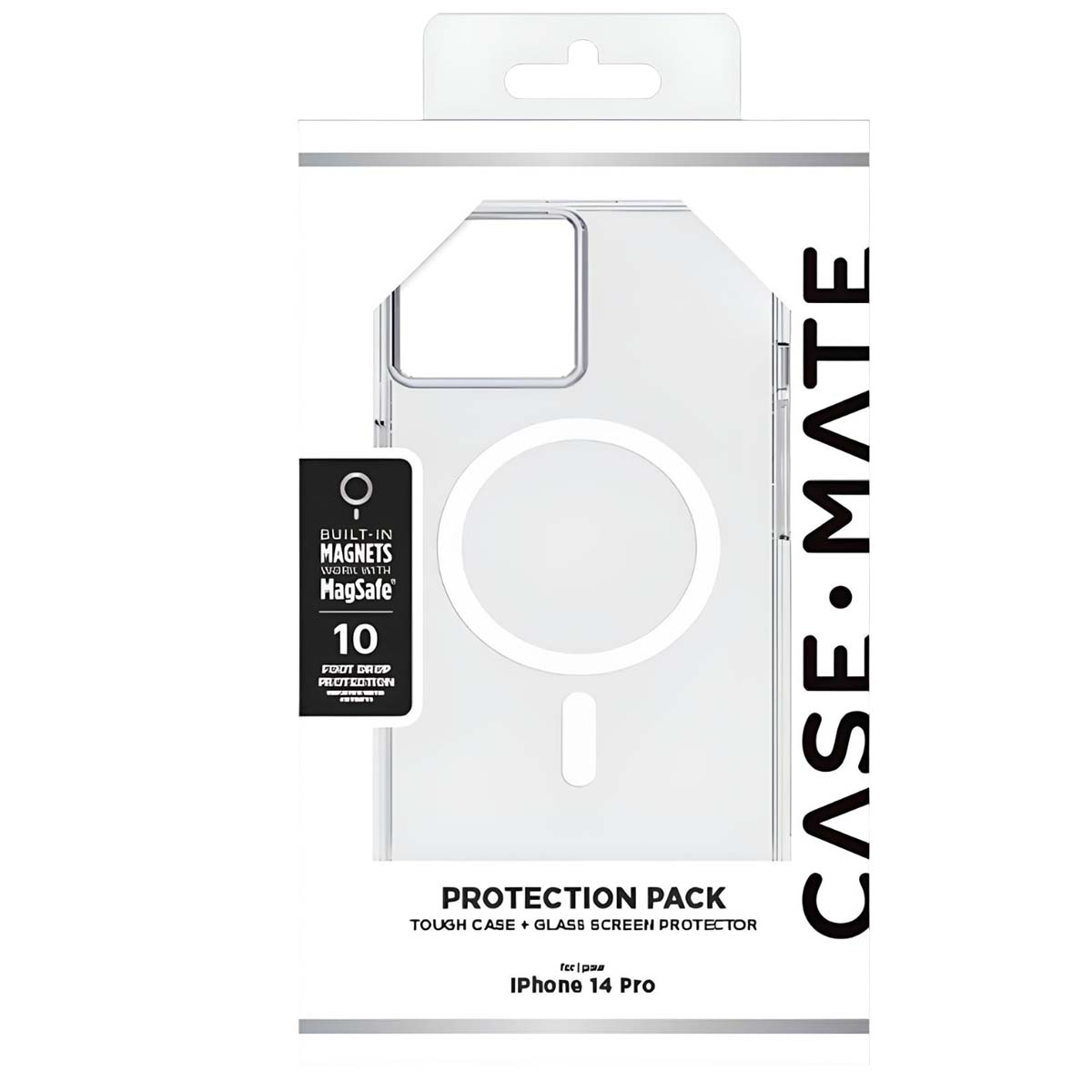 Confezione trasparente per custodia del telefono. Caratteristiche 'MagSafe' e 'protezione contro le cadute da 10 piedi'. Logo Case Mate a destra. Per iPhone 14 Pro.