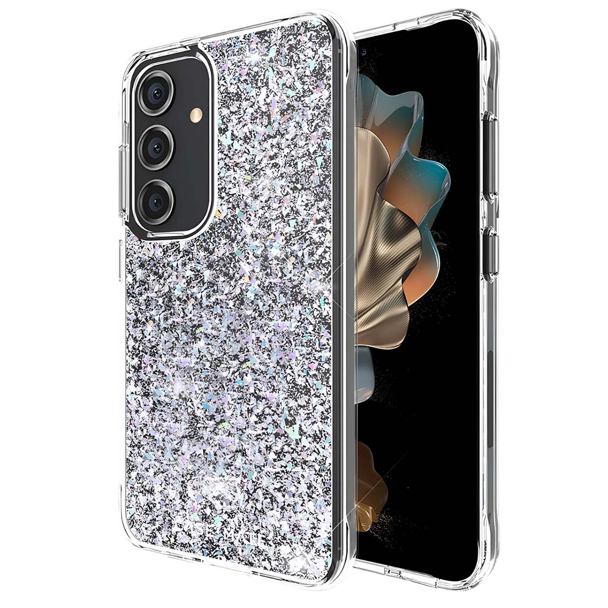Un telefono in una custodia trasparente con glitter. Lo schermo del telefono mostra un design astratto colorato. La custodia ha una cornice trasparente.