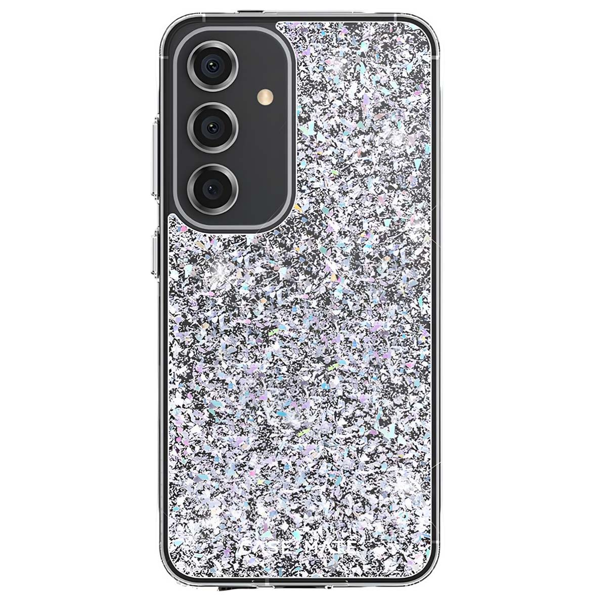 Una cover per smartphone con un design argentato glitterato. Presenta un modulo fotocamera con tre lenti. La cover ha un bordo trasparente.