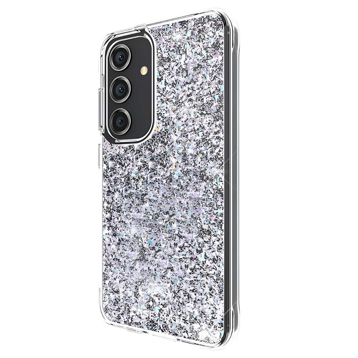 Una custodia per smartphone con un design argentato glitterato. Ha un bordo trasparente e un ritaglio per la fotocamera.