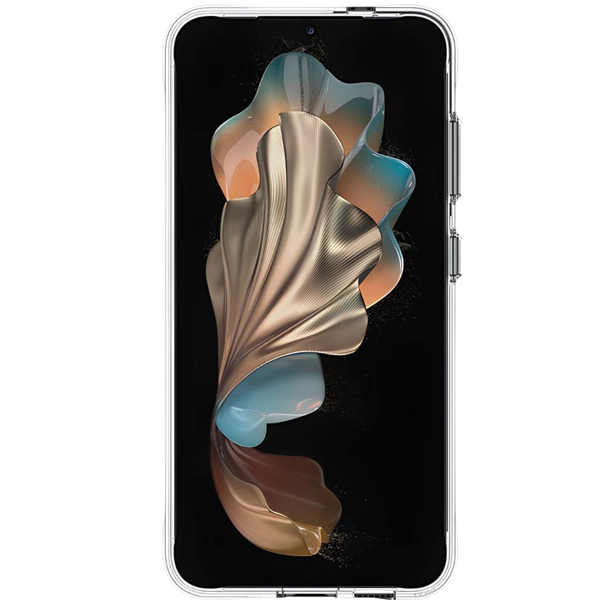 Smartphone con design astratto di tessuto multicolore fluente su sfondo nero. Il telefono è in una custodia trasparente.