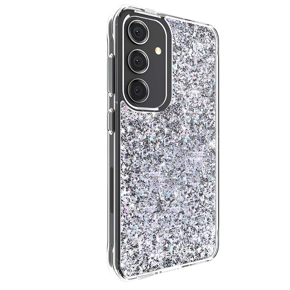 Una custodia per telefono con bordo trasparente e retro glitterato. Ha un ritaglio per la fotocamera con tre lenti.