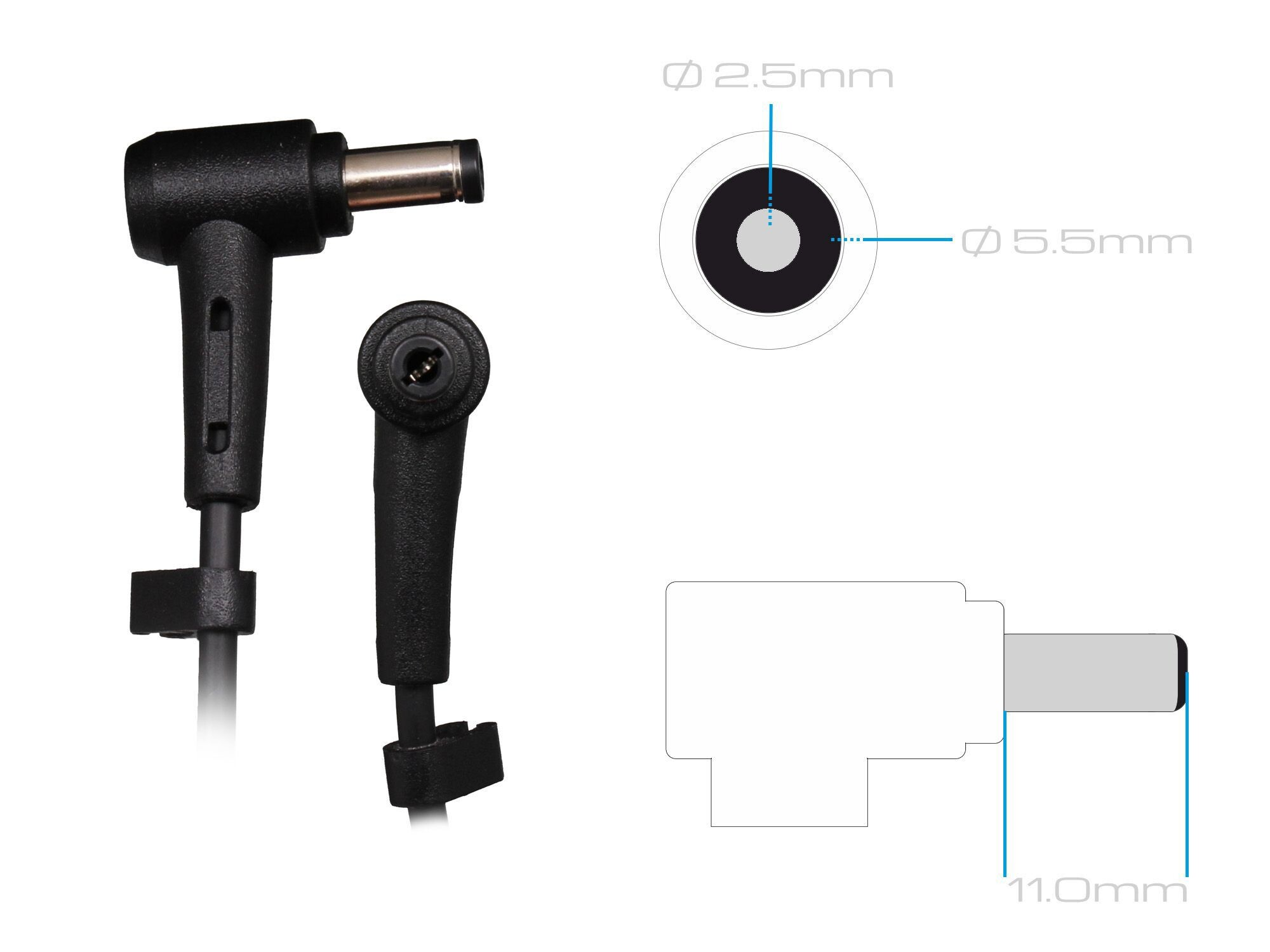 Schwarzer Netzadapter mit Abmessungen, einschließlich einer Durchmesser-Messung von 2,5 mm und 5,5 mm sowie einer Längenmessung von 11,0 mm.