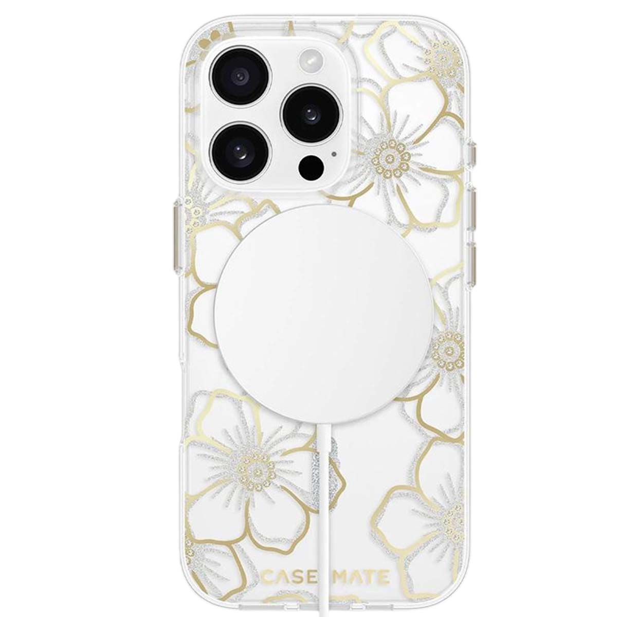 Custodia trasparente con motivo floreale dorato e caricabatterie MagSafe circolare bianco. Logo Case Mate in basso.