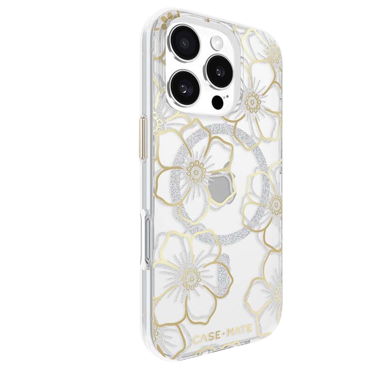 Custodia trasparente per telefono con motivo floreale. Contorni e accenti dorati su fiori bianchi. Fotocamera visibile.