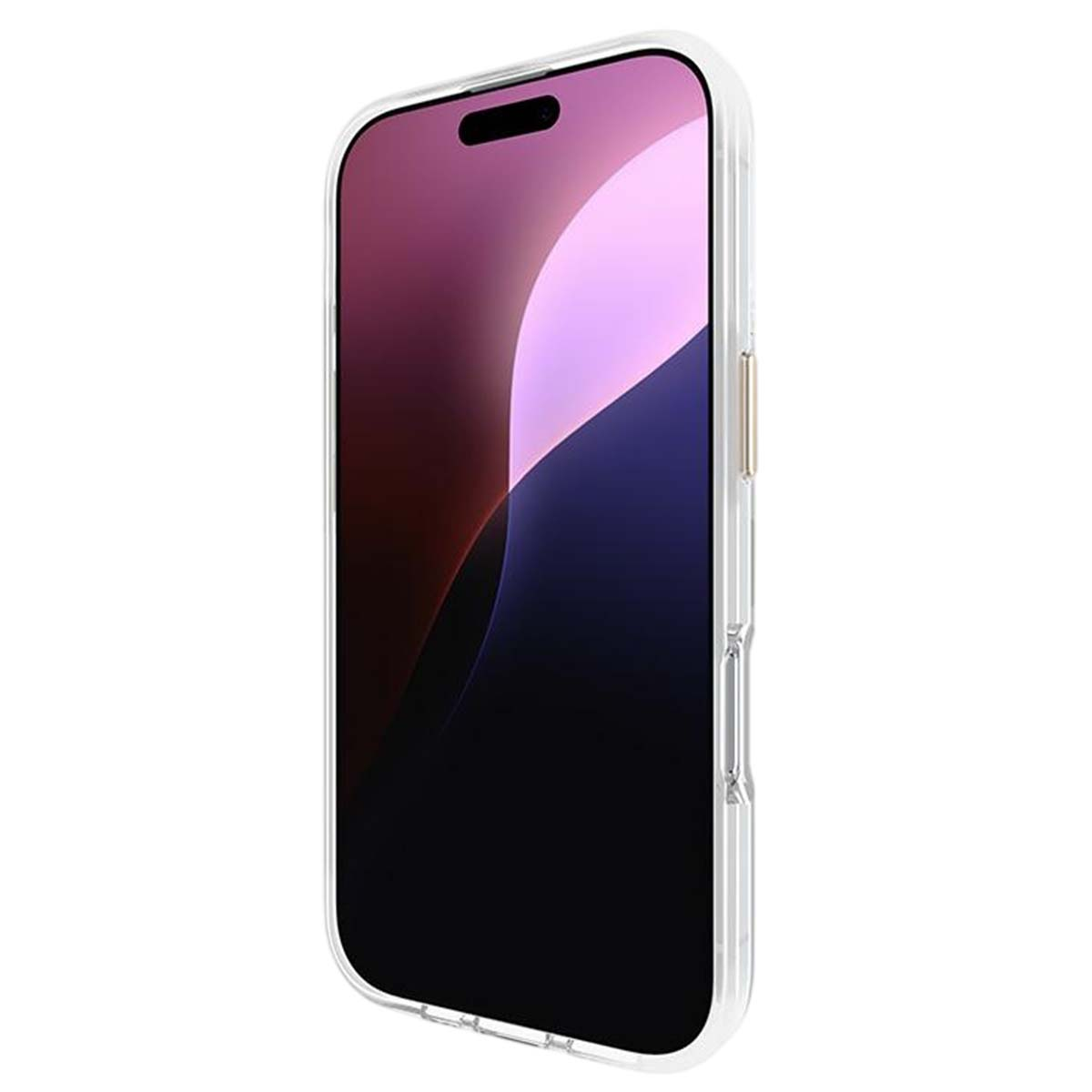 Un iPhone in una custodia trasparente è visualizzato in diagonale. Lo schermo mostra un gradiente di colori, dal rosa al nero. La custodia ha pulsanti.