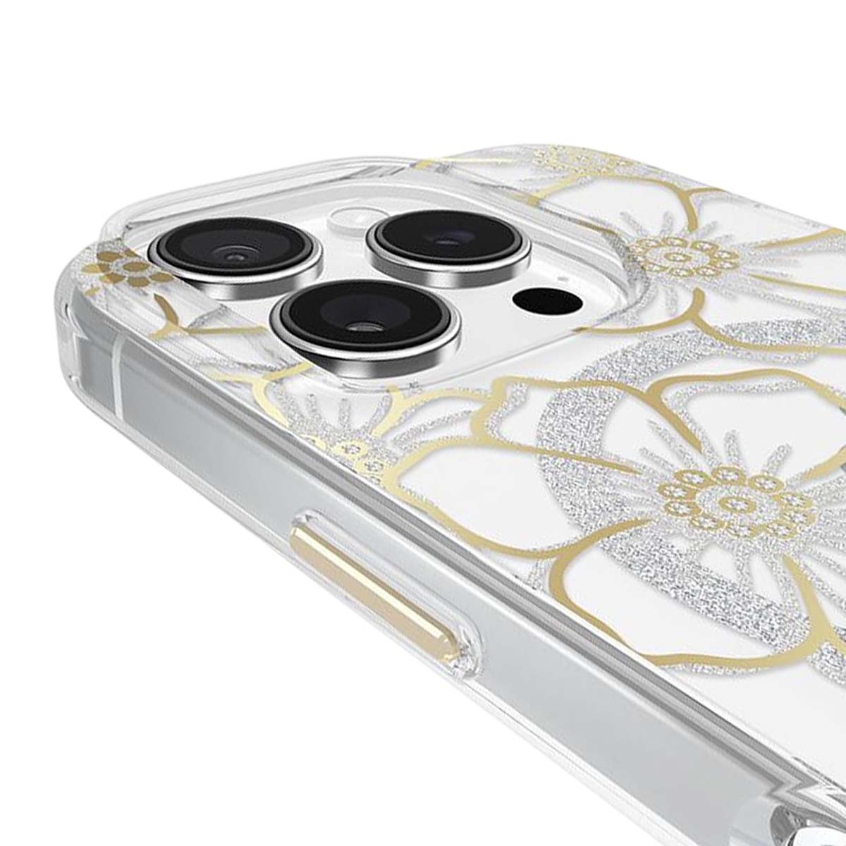 Una custodia trasparente per telefono con un design floreale dorato. La custodia ha tre obiettivi e un pulsante laterale. Lo sfondo è bianco.