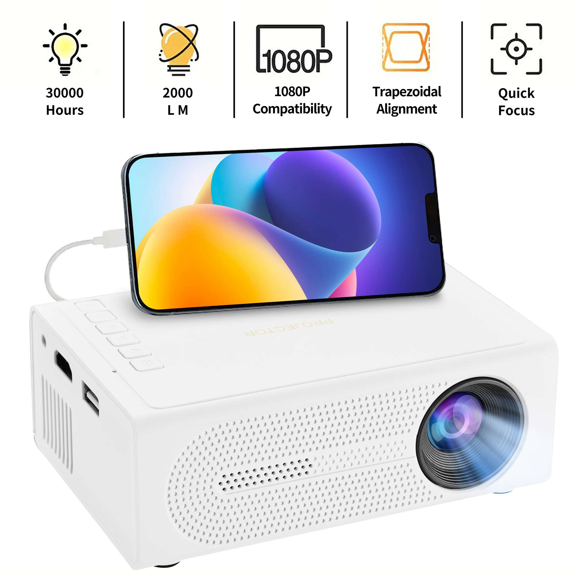 Weißer Projektor mit Telefon oben, das farbenfrohe abstrakte Kunst zeigt. Zu den Merkmalen gehören 1080P, schneller Fokus und Trapezkorrektur.