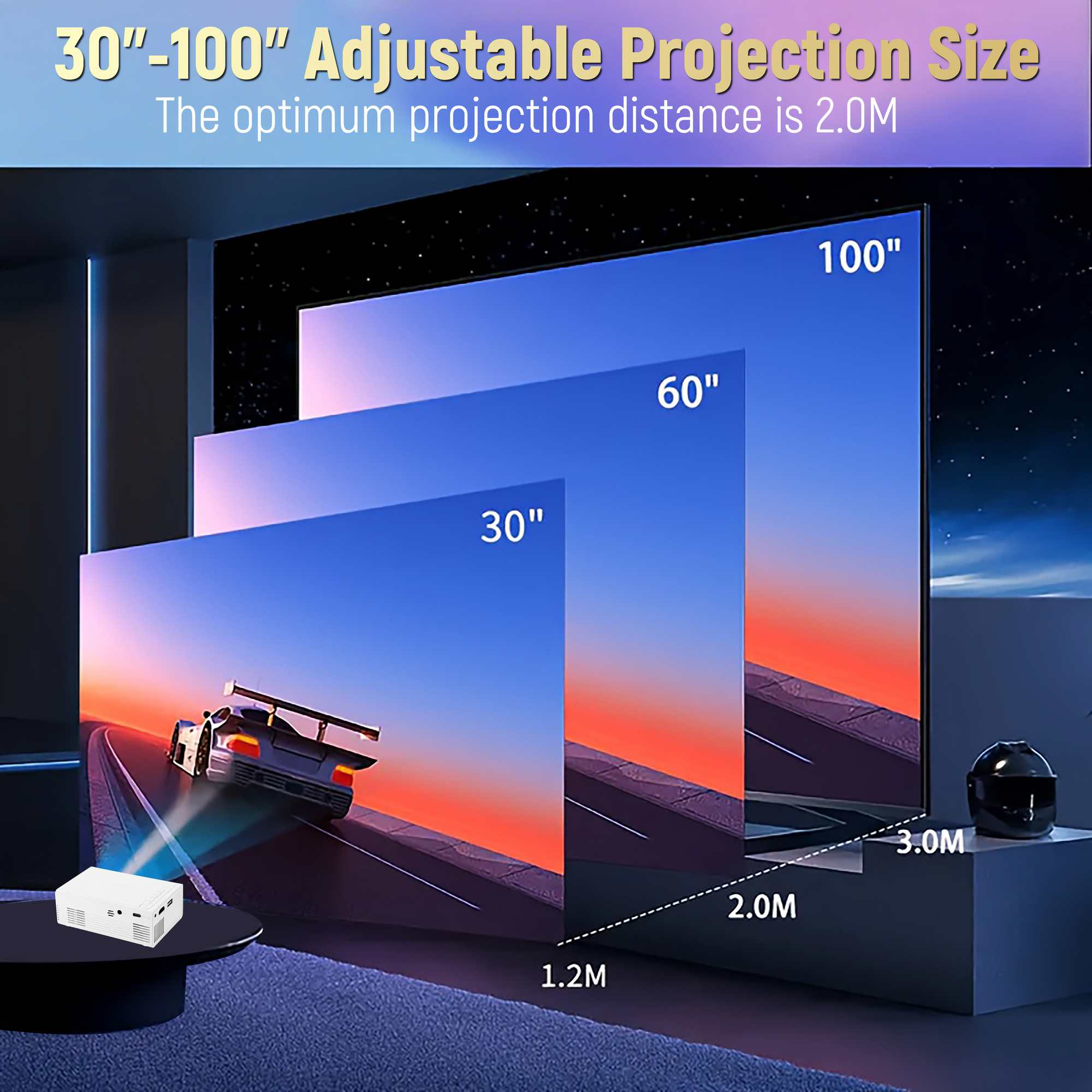 Das Bild zeigt einen Projektor, der drei verschiedene Bildschirmgrößen anzeigt: 30", 60" und 100". Entfernungen sind markiert. Ein Auto wird projiziert.