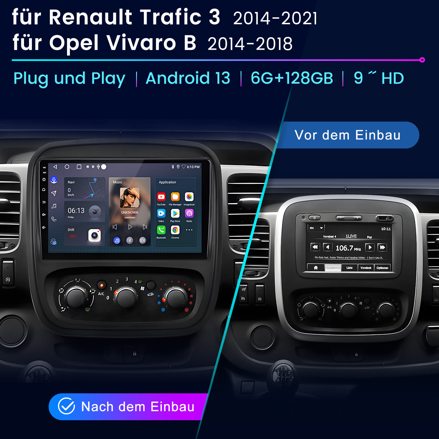 Autoinstrumententafel-Vergleich: Vor und nach der Installation. Anzeigen zeigen Navigation, Musik und Radio. Text enthält Spezifikationen: Android 13, 6G+128GB.