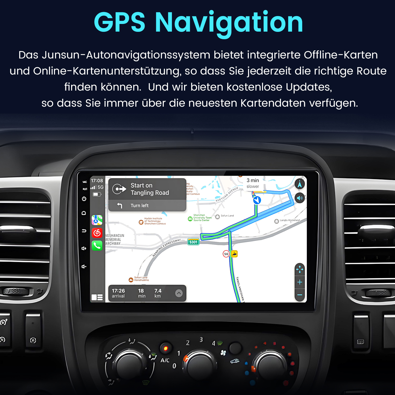 Auto-Navigationssystem mit Kartenanzeige und Routenführung, im Armaturenbrett eines Autos mit Knöpfen.