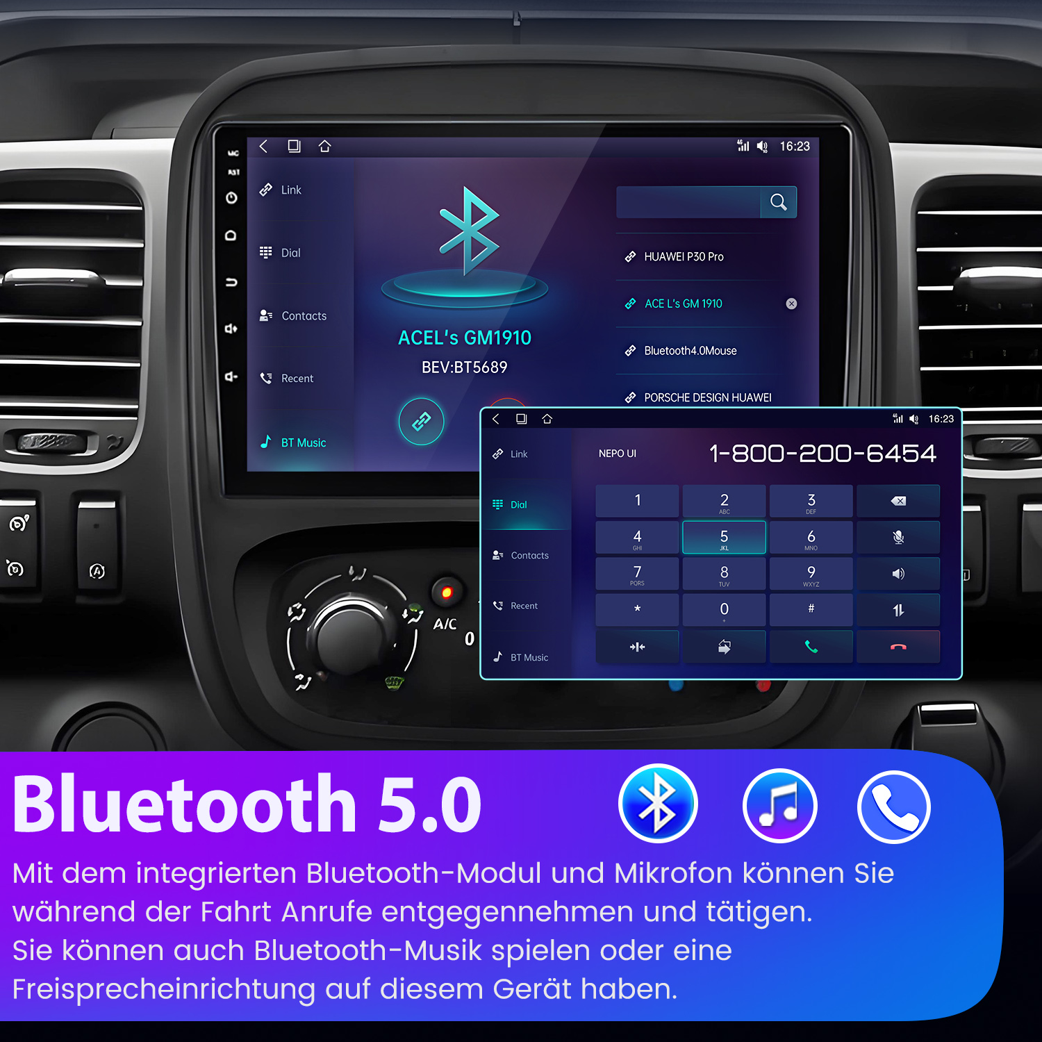 Auto-Multimedia-Systembildschirm mit Telefontastatur und Bluetooth-Verbindungsoptionen. Text: Bluetooth 5.0, ACEL'S GM1910.
