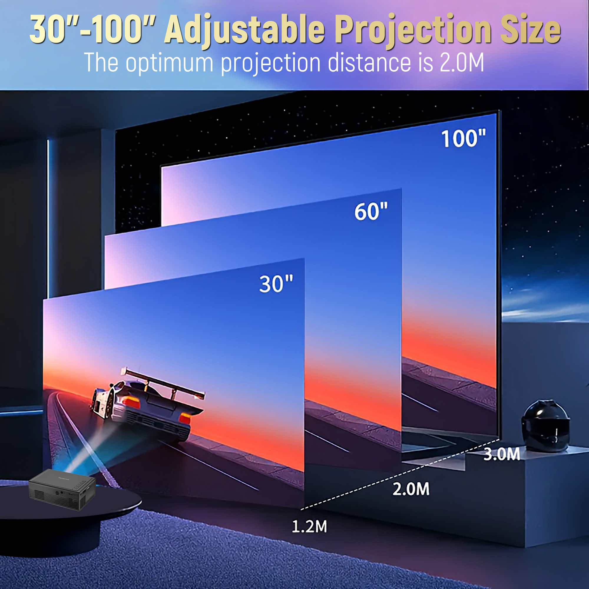 Das Bild zeigt einen Projektor, der drei Bildschirmgrößen anzeigt: 30", 60" und 100". Ein Auto wird auf die kleinste Leinwand projiziert.