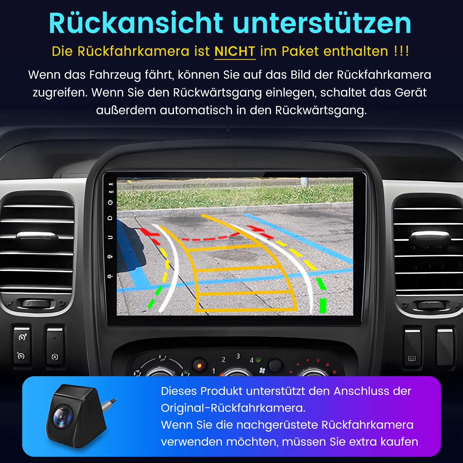 Armaturenbrett mit Bildschirm, der Parklinien zeigt. Darunter befindet sich eine schwarze Kamera. Text erklärt die Funktion.