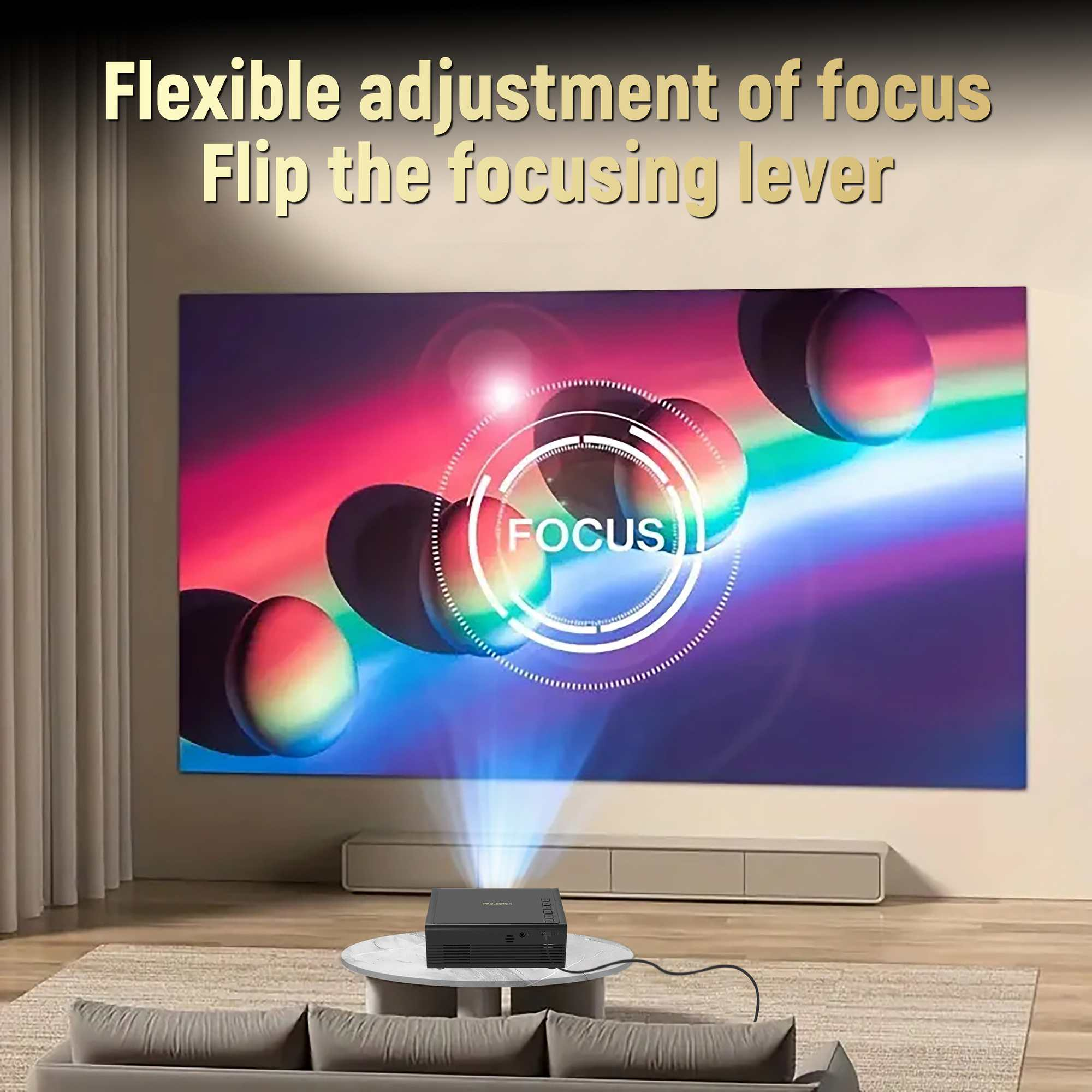 Ein Projektor projiziert auf eine Leinwand. Text: 'Flexible Fokuseinstellung. Kippen Sie den Fokushebel'.