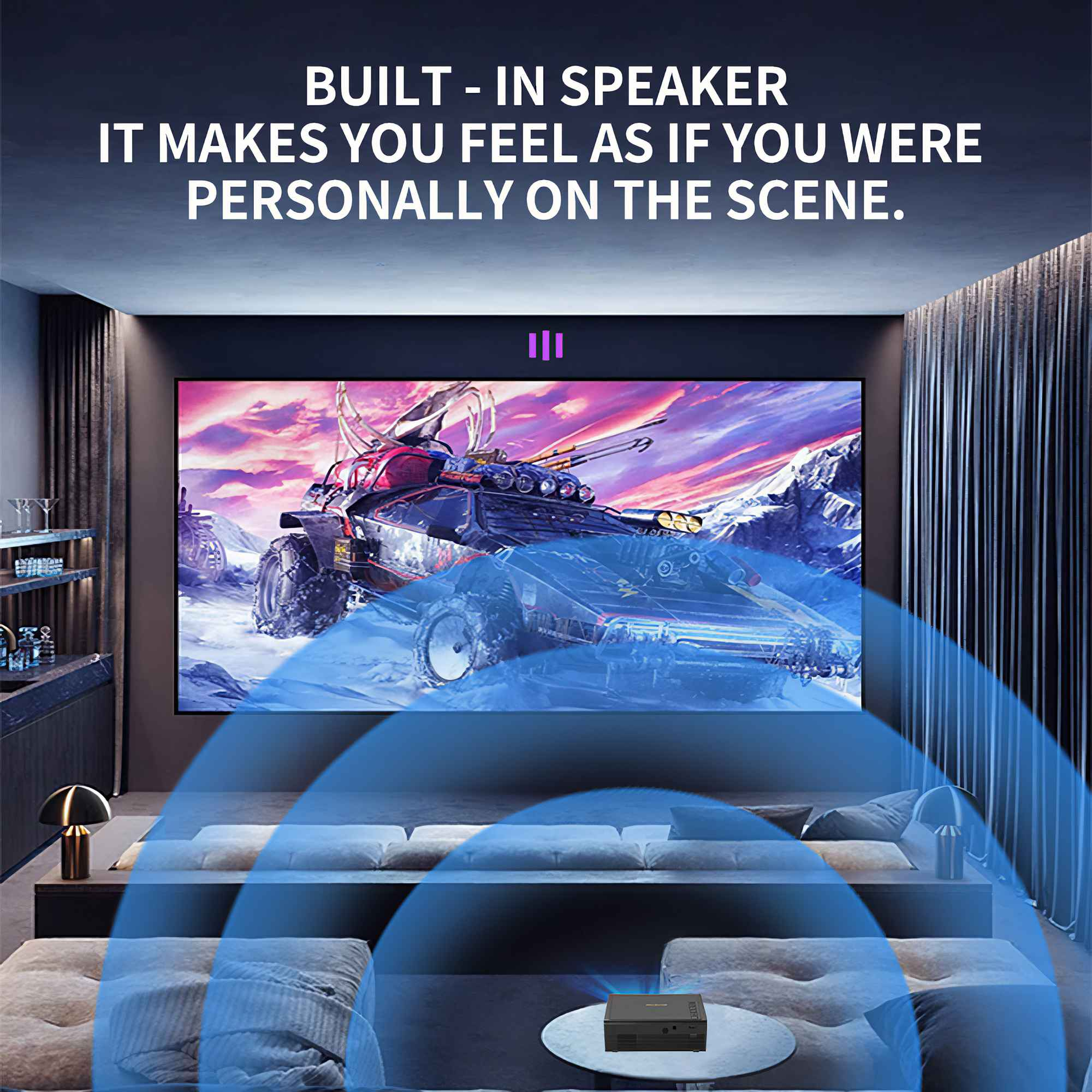 Ein Heimkino-Setup zeigt einen Bildschirm mit einem Fahrzeug in einer Schneeszene. Der Text lautet 'Eingebauter Lautsprecher'.