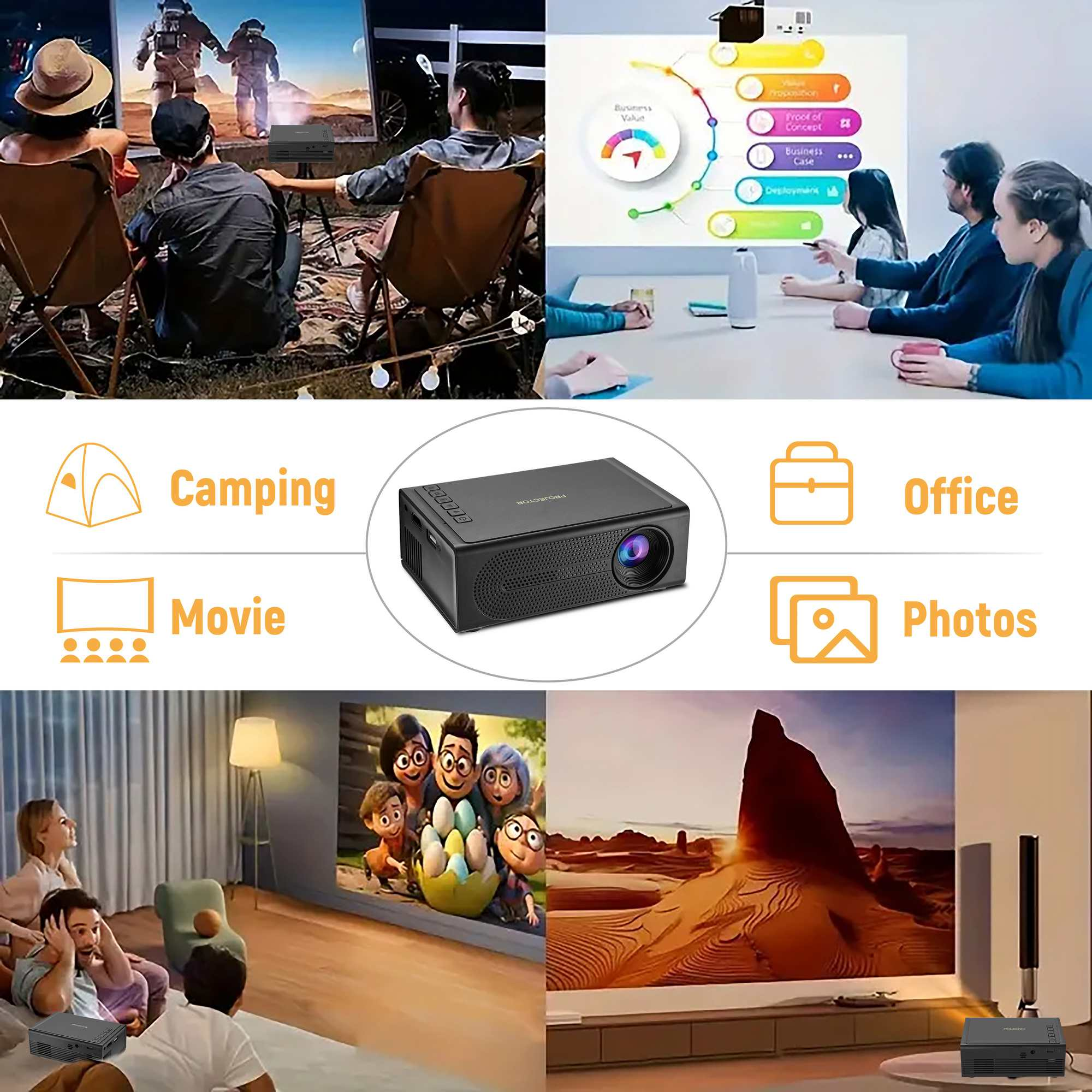 Das Bild zeigt einen Projektor, der in verschiedenen Umgebungen verwendet wird: Camping, Büro und Zuhause. Menschen schauen Filme und Präsentationen.