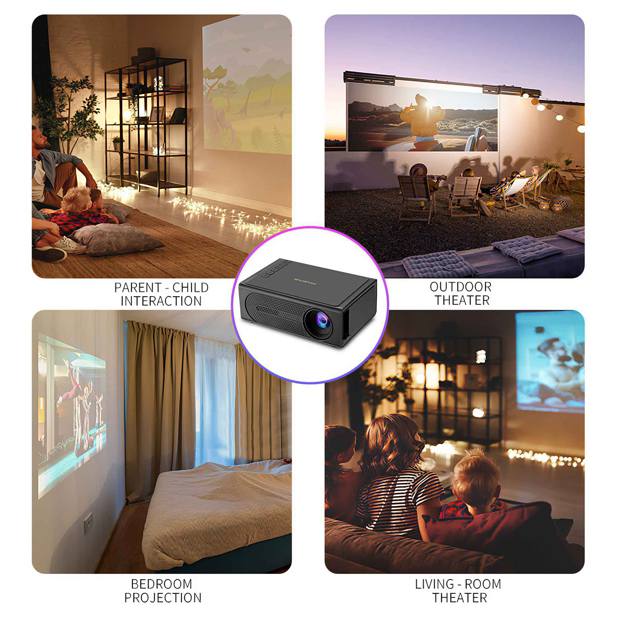 Das Bild zeigt die Projektornutzung: Interaktion zwischen Eltern und Kind, Freiluftkino, Schlafzimmer und Wohnzimmer.