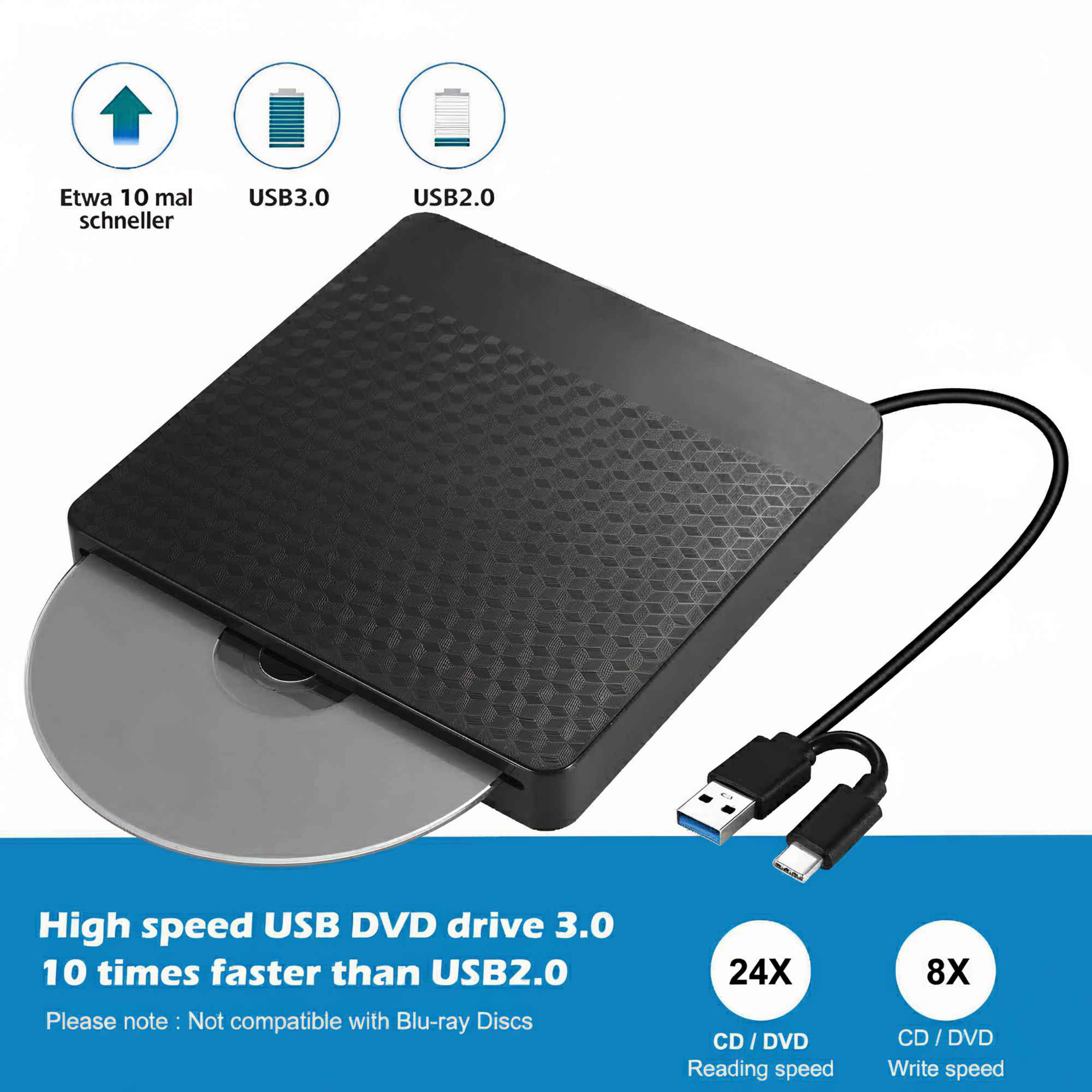 Schwarzes USB-DVD-Laufwerk mit eingelegter Disc, USB 3.0-Kabel und Geschwindigkeitsanzeigen. Text enthält 'High speed' und Geschwindigkeitsdetails.