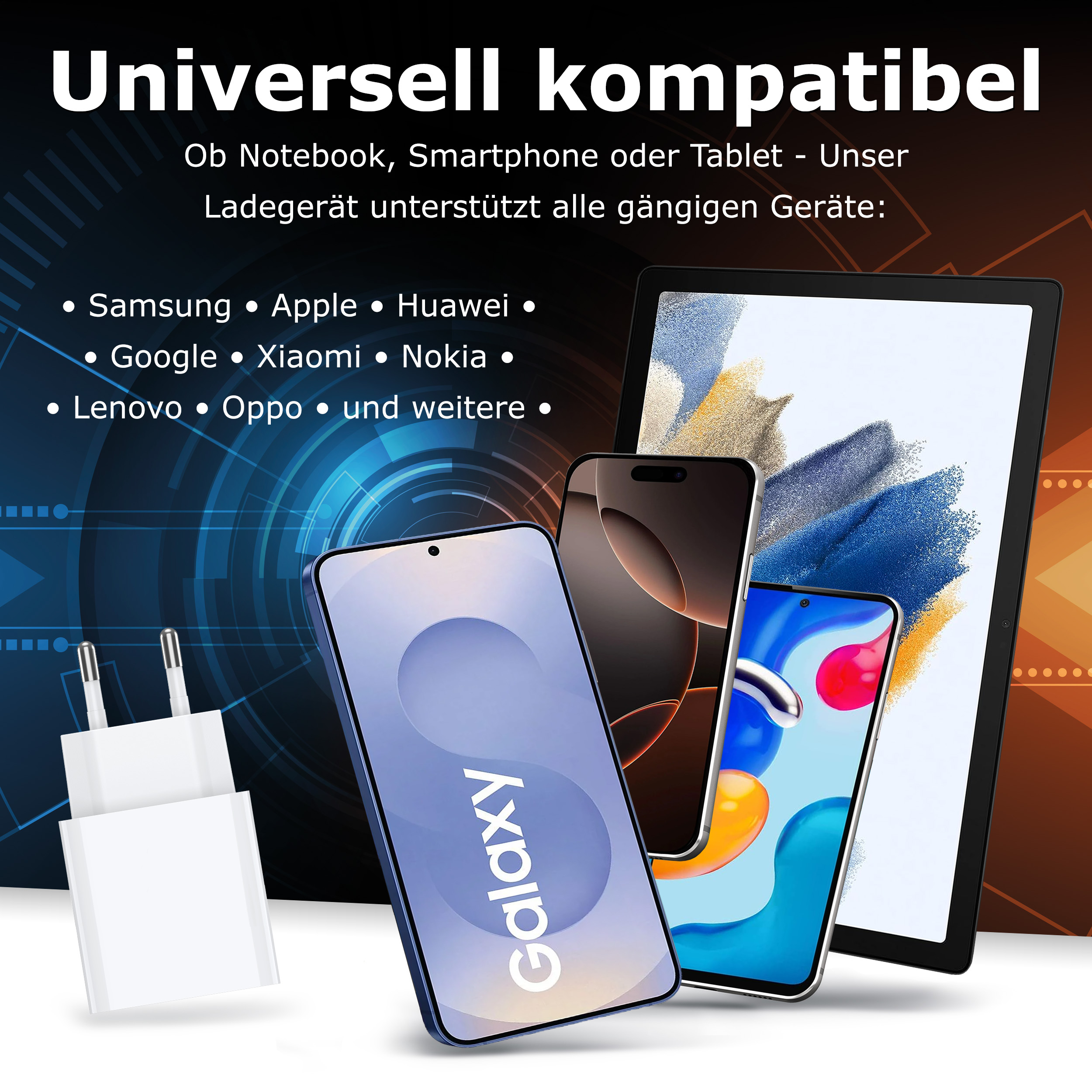 Image montre un chargeur, smartphones et une tablette. Texte dit 'Universellement compatible' avec diverses marques.