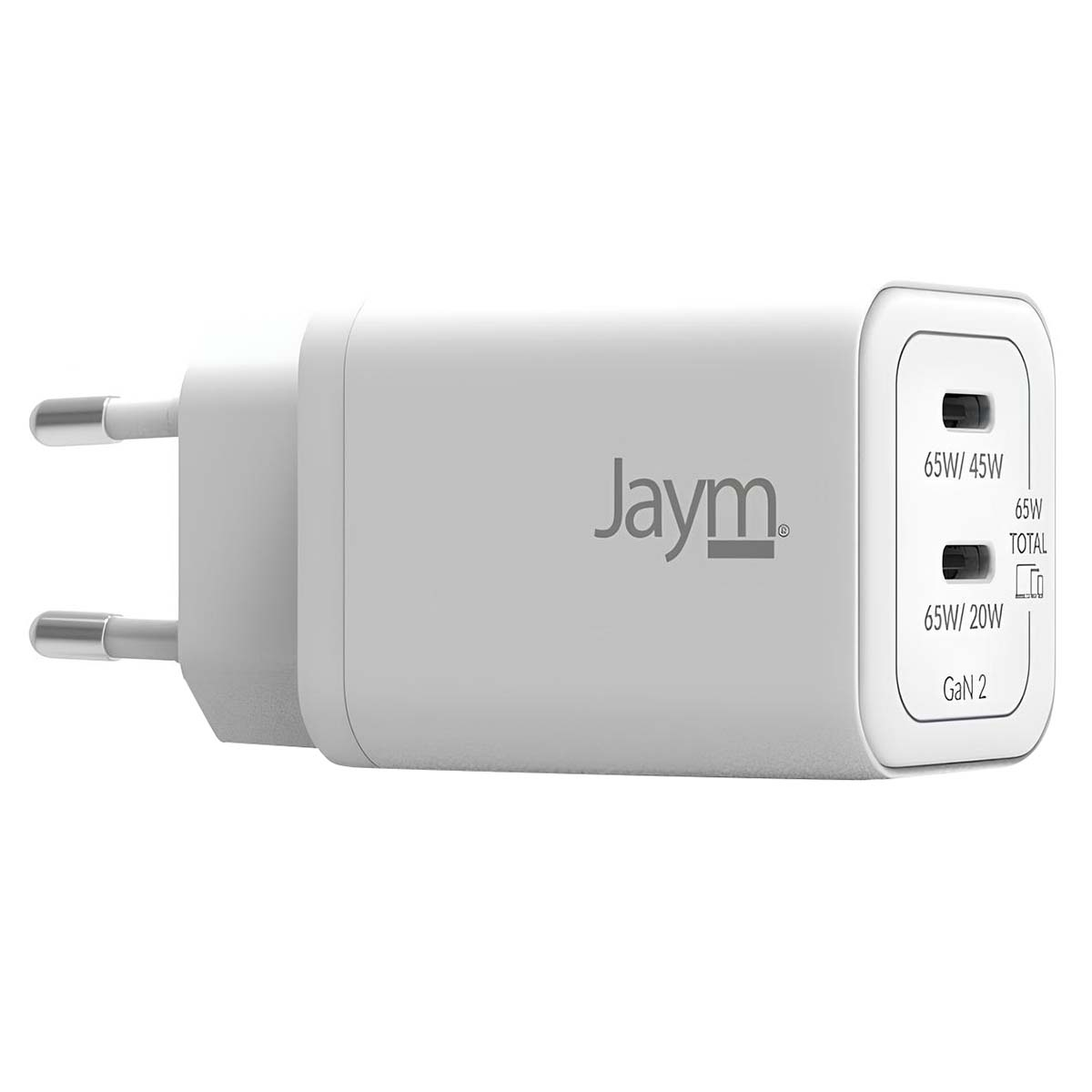 Un caricabatterie bianco Jaym GaN 2 con due porte USB-C. Ha una spina e testo che indica le uscite di alimentazione: 65W/45W e 65W/20W.
