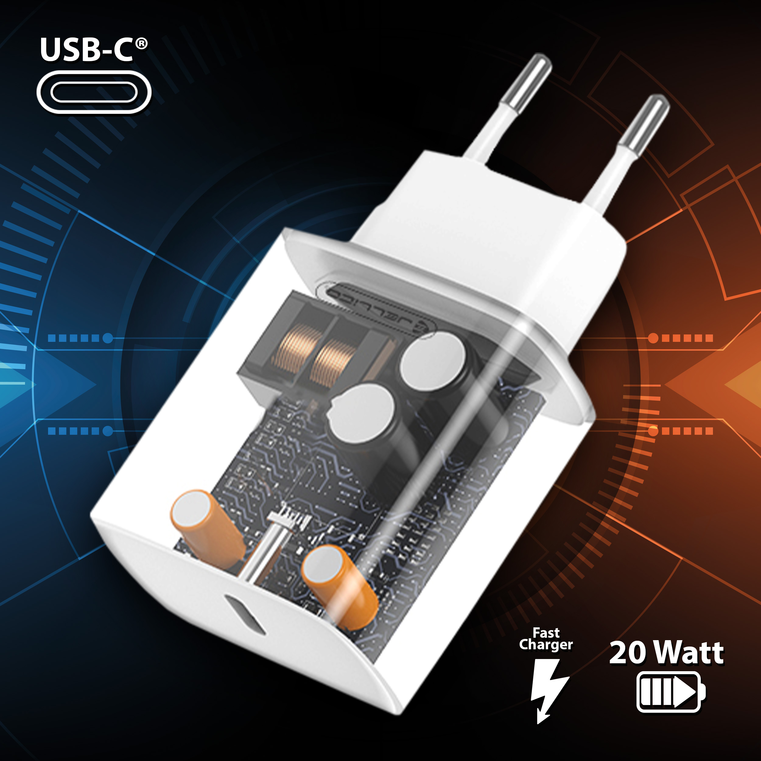 Chargeur USB-C blanc avec composants internes visibles. Avec texte 'Chargeur rapide' et '20 Watts'.