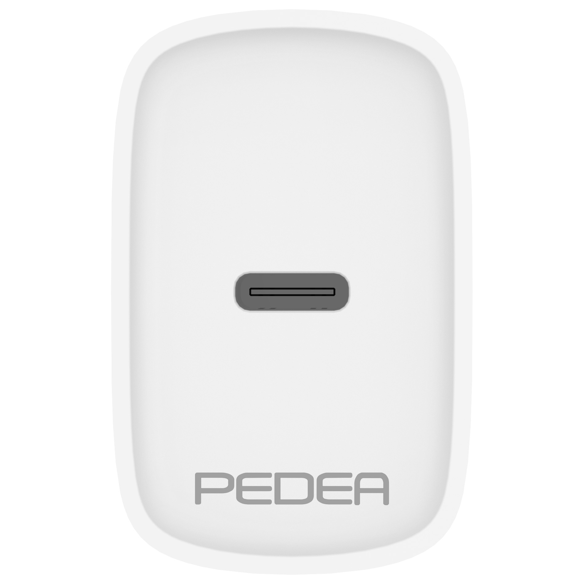 Un chargeur rectangulaire blanc aux coins arrondis. Il possède un port USB-C gris et la marque PEDEA en dessous.