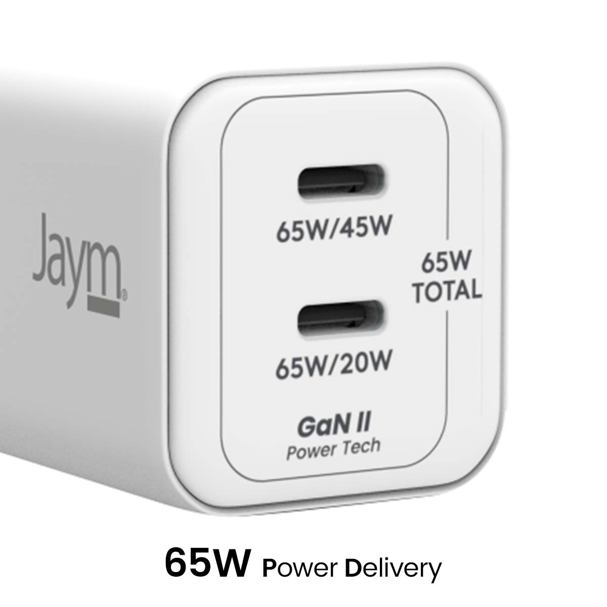 Adattatore di alimentazione Jaym bianco con due porte etichettate 65W/45W e 65W/20W. C'è un testo '65W Power Delivery' in basso.