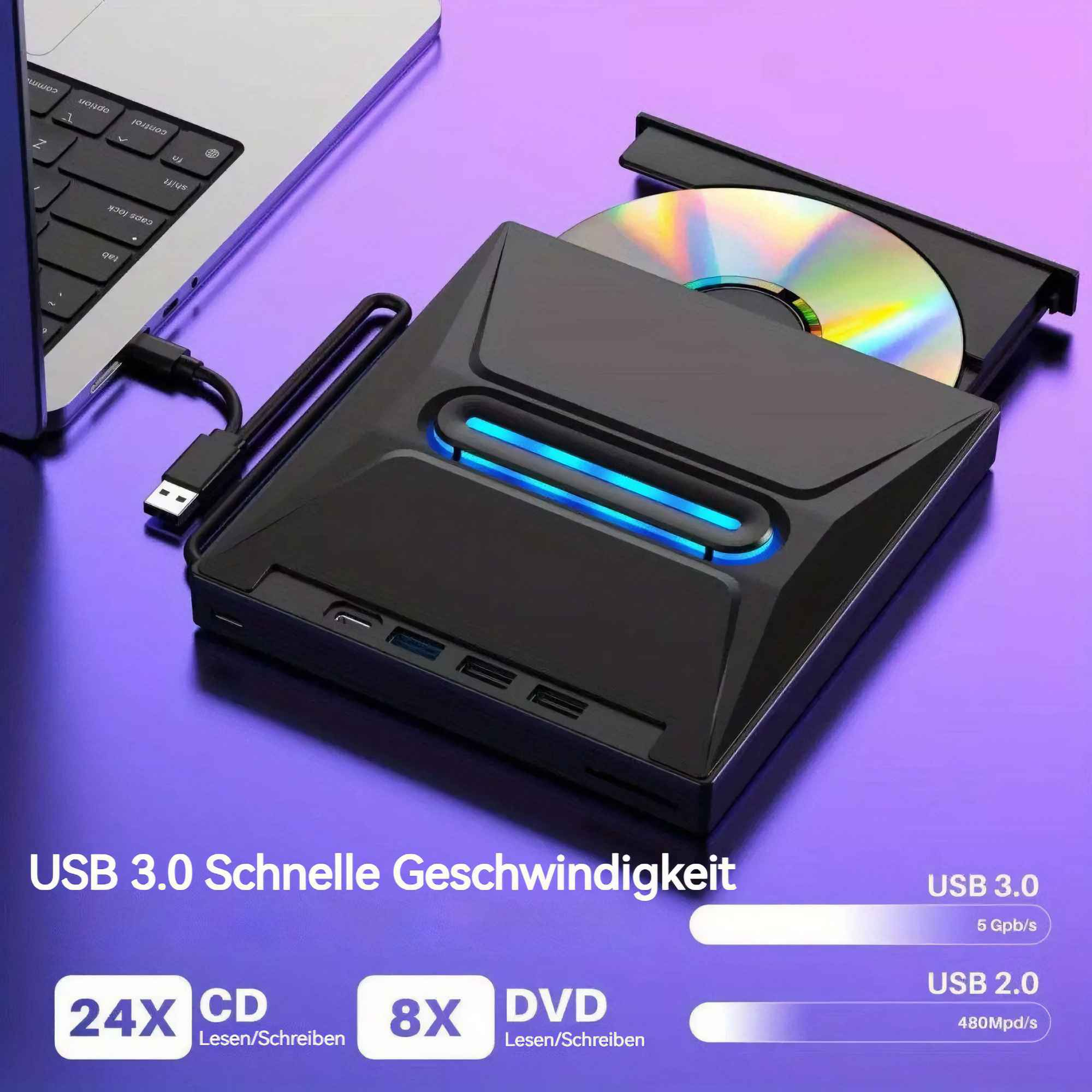 Ein schwarzes externes CD/DVD-Laufwerk mit blauem Licht, das an einen Laptop angeschlossen ist. Eine CD befindet sich im Laufwerk.
