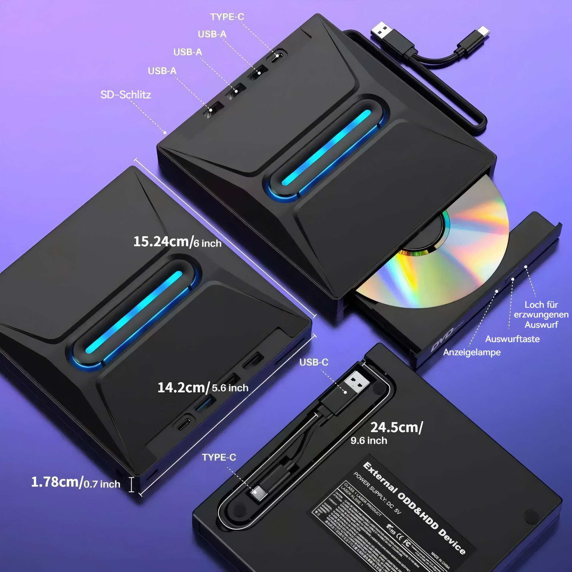 Schwarzes externes ODD & HDD-Gerät mit geöffnetem CD-Fach, verschiedenen Anschlüssen wie USB und beschrifteten Abmessungen.