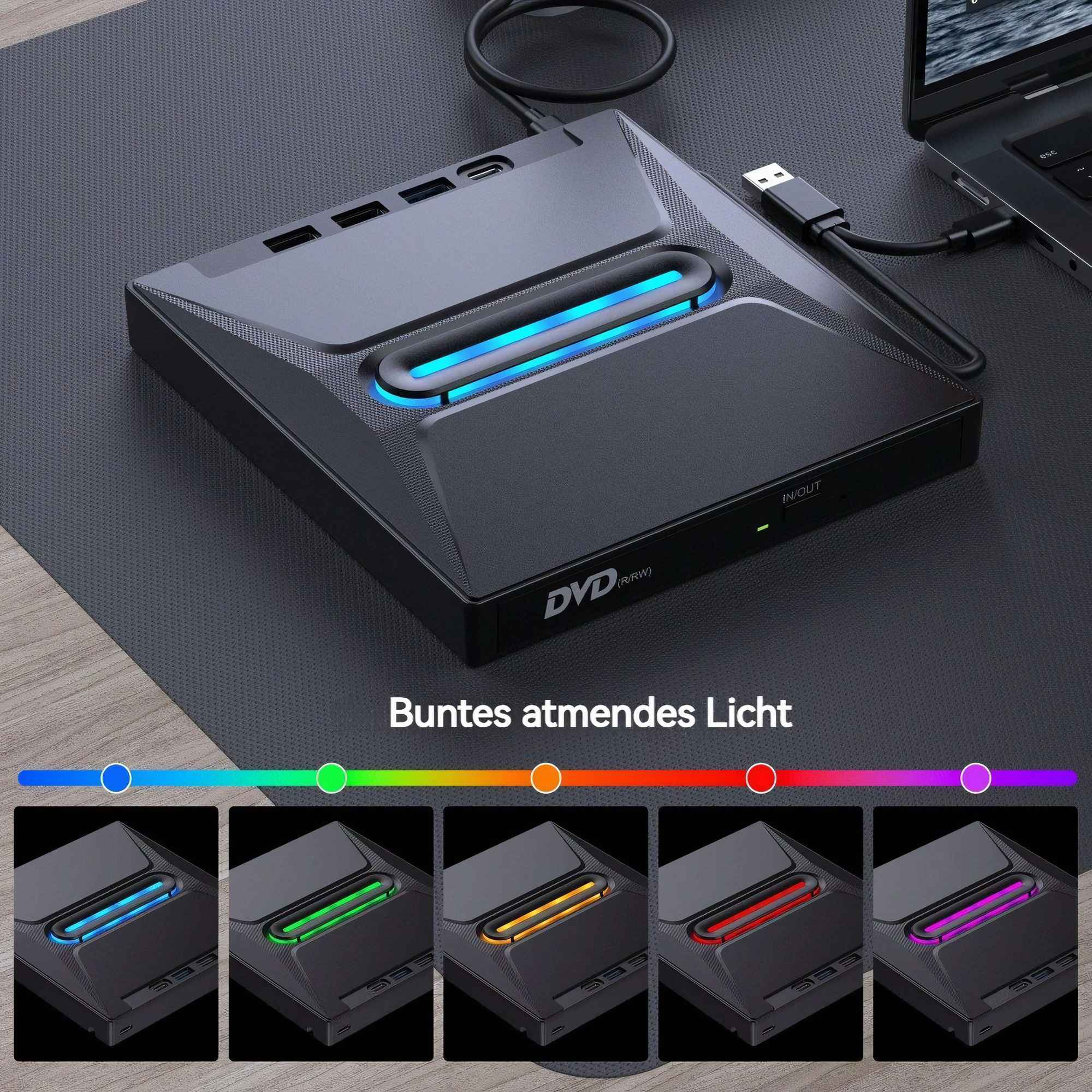 Ein schwarzes DVD-Laufwerk mit blauem Licht, das mit einem Laptop verbunden ist. Gezeigt werden Farbvariationen: Grün, Orange, Rot und Lila.