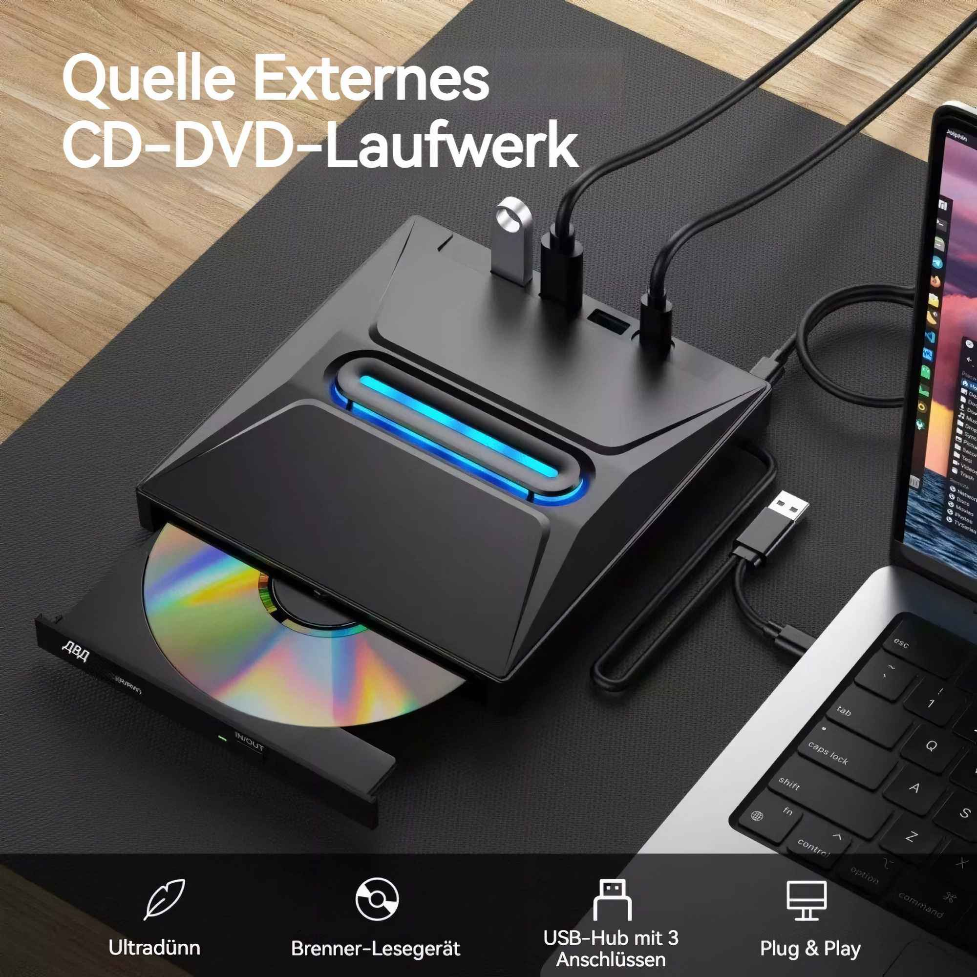 Ein schwarzes CD-DVD-Laufwerk mit einer CD, Kabeln und einem Laptop. Text: Quelle Externes CD-DVD-Laufwerk, USB-Hub, Plug & Play.