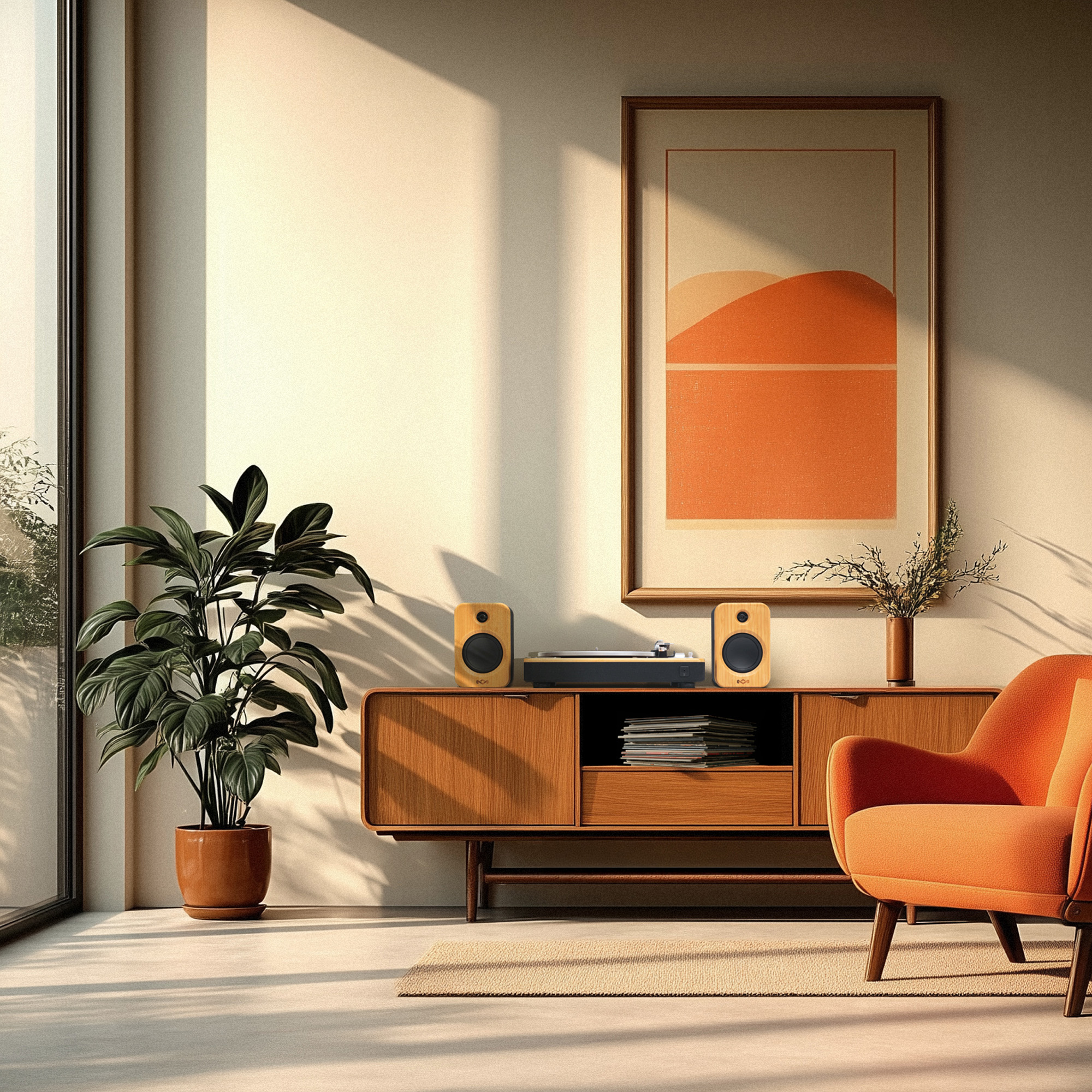 Wohnzimmer mit orangefarbenem Stuhl, Holzschrank mit Lautsprechern, gerahmter Kunst und einer großen Pflanze.